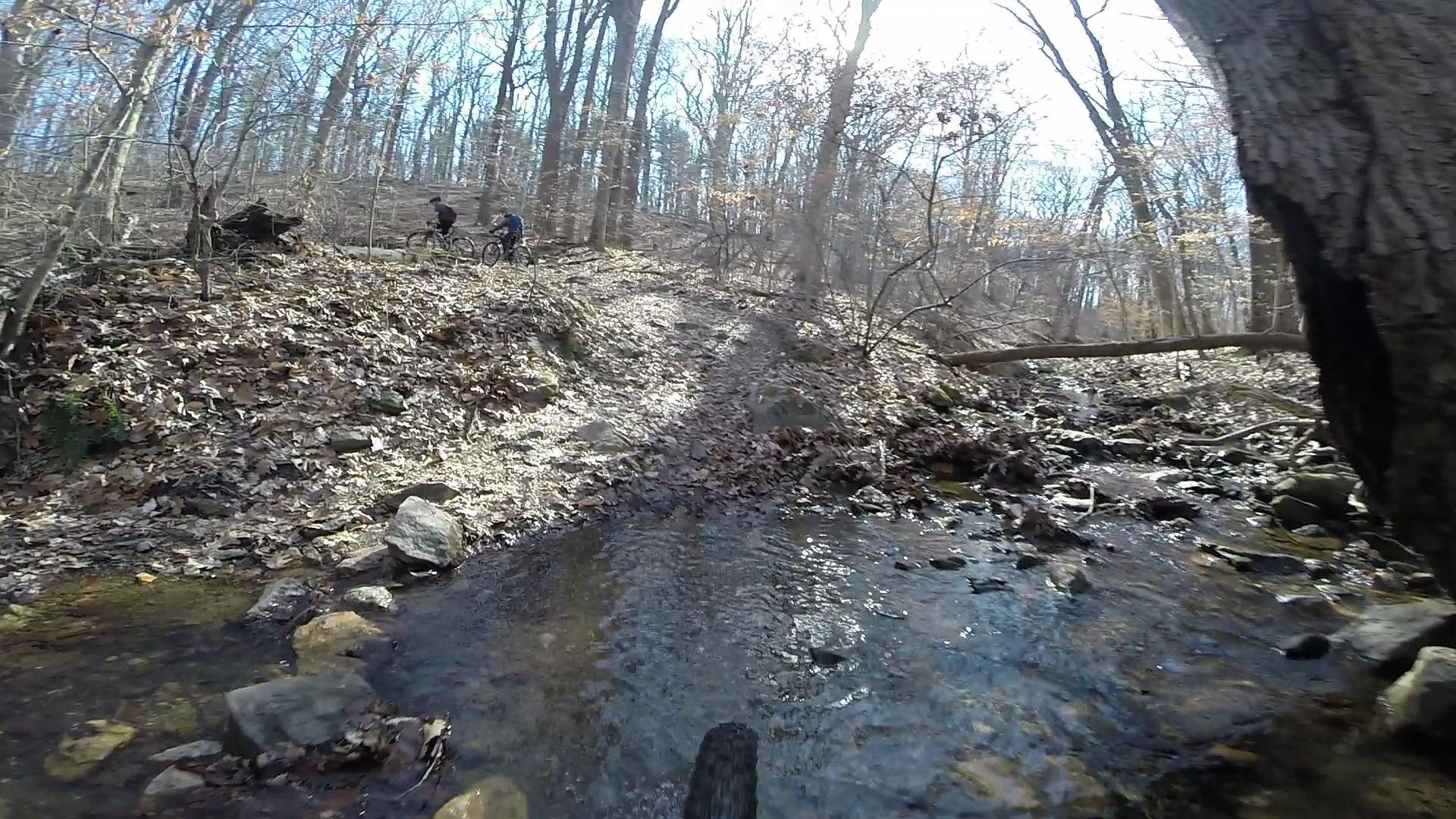 Bicyclist navigating a rocky trail beside a clear stream in a wooded area during the day, with fallen leaves covering the ground and trees visible in the background. Wolfes Pond park mountain bike trail.