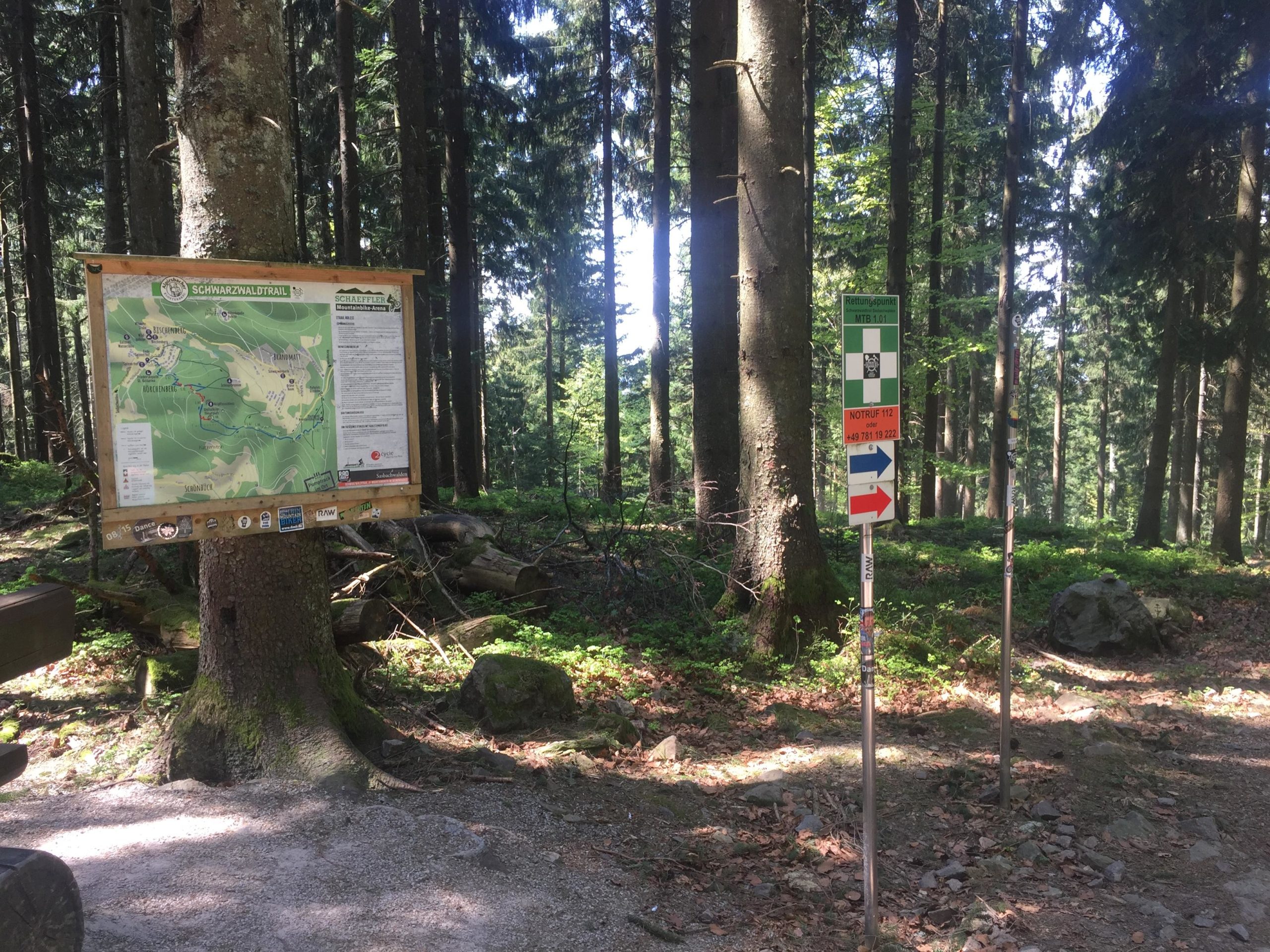 A wooden trail map sign displaying the Schwarzwald Trail in a dense forest, with various trail routes indicated. Next to it, a signpost featuring emergency contact information and directional arrows for hikers. Surrounding trees are tall and lush, and the ground is covered with leaves and small rocks. Alpirsbacher Schwarzwald Trail mountain bike trail.
