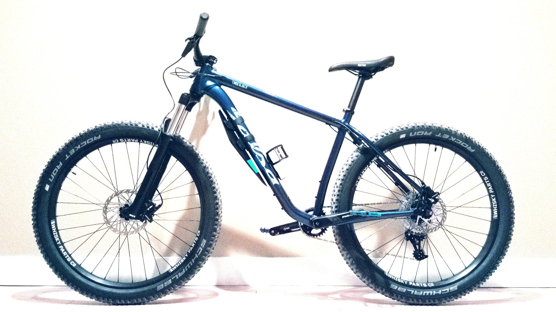 Salsa Timberjack: Alt text: A blue and black mountain bike with wide tires and a sturdy frame, positioned against a plain light-colored wall. The bike features disc brakes and a protective frame guard.