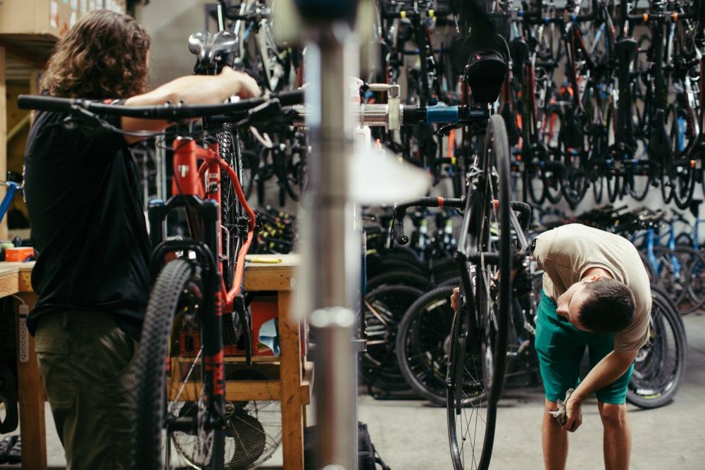Two individuals are working on bicycles in a shop. One person is adjusting a bike on a stand, while the other is focused on inspecting or repairing a different bike. The background is filled with various bicycles, showcasing a well-organized workshop environment.