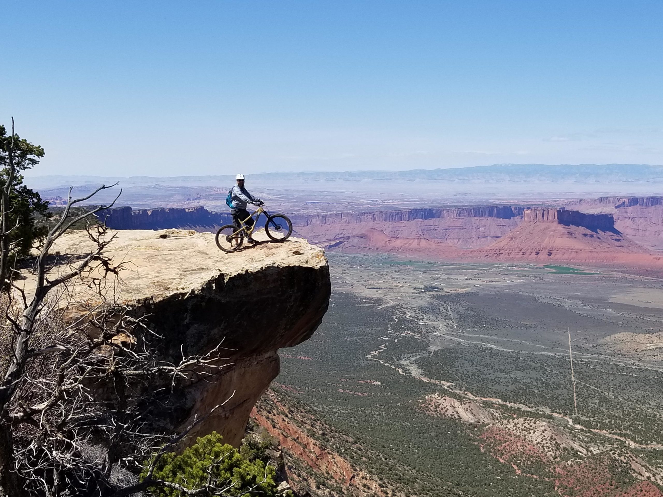 A mountain biker stands confidently on the edge of a rocky outcrop, overlooking a vast and colorful desert landscape. The scene features rolling red rock formations and distant mountains under a clear blue sky. Sparse vegetation is visible on the rocky ledge and below in the valley. Porcupine Rim mountain bike trail.