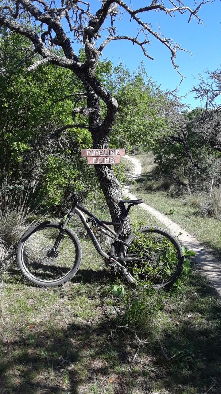 A mountain bike leaning against a tree, with a sign reading "Pipeline Climb" visible in the background. A dirt trail can be seen winding through green vegetation under a clear blue sky. Flat Rock Ranch mountain bike trail.