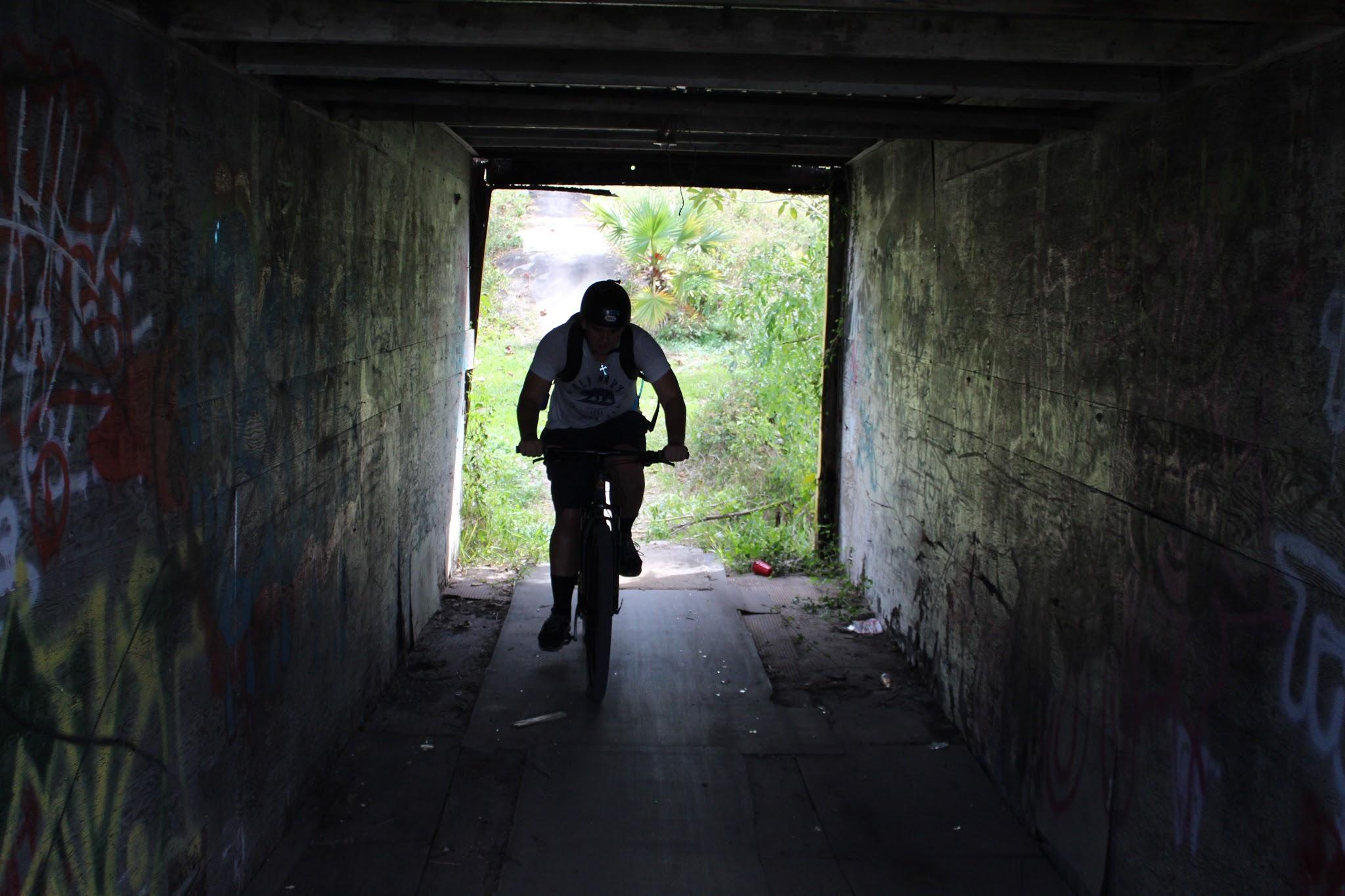 A person riding a bicycle through a dimly lit tunnel. The walls are covered in graffiti, and there is greenery visible at the tunnel's exit. The cyclist is silhouetted against the bright light coming from outside. Amelia Earhart Park mountain bike trail.