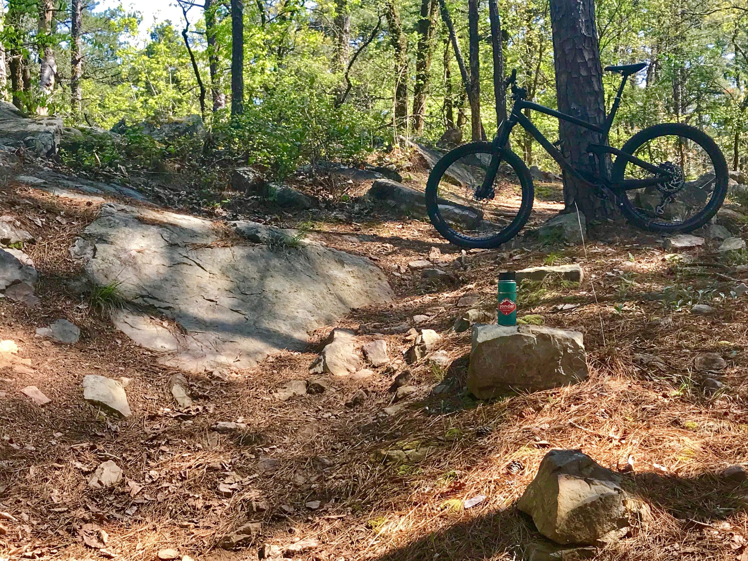 A black mountain bike parked beside a tree on a rocky trail surrounded by greenery, with a green water bottle resting on a stone in the foreground. Iron Mountain mountain bike trail.