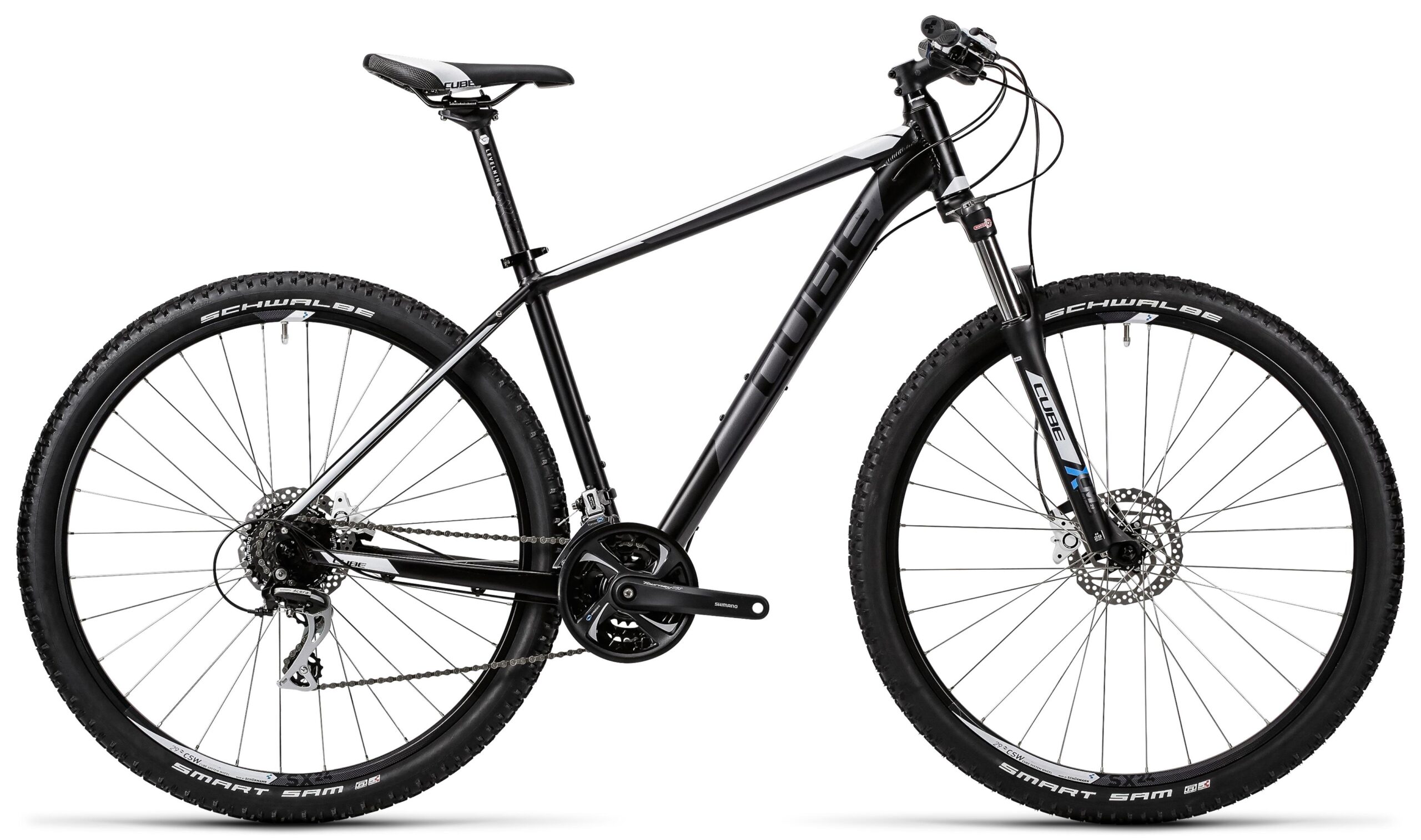 Cube AIM SL 29: Alt text: A modern black mountain bike with the brand name "Cube" displayed on the frame. The bike features wide tires designed for off-road traction, a front suspension fork, and a Shimano drivetrain. It is positioned against a white background.