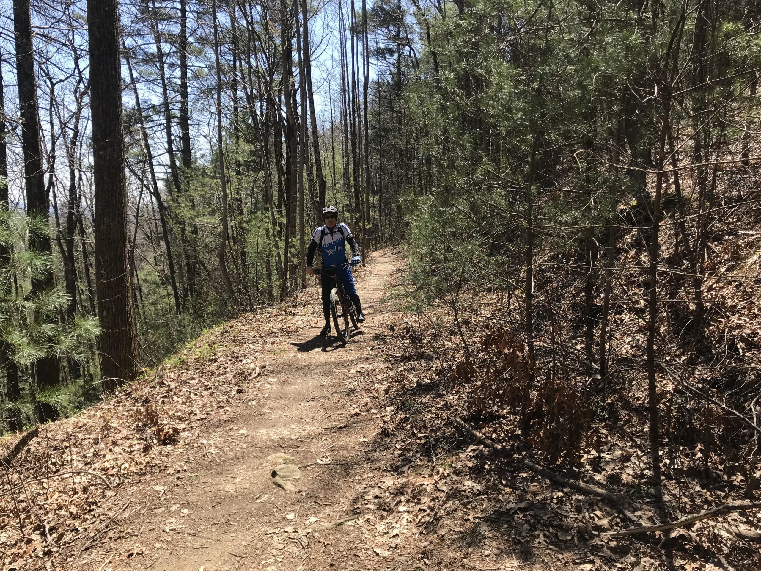 A person standing next to a bicycle on a dirt trail surrounded by trees, with sunlight filtering through the branches. The trail is covered in leaves, indicating early spring, and the cyclist is wearing a helmet and outdoor gear. Pinhoti: Tatum Lead mountain bike trail.