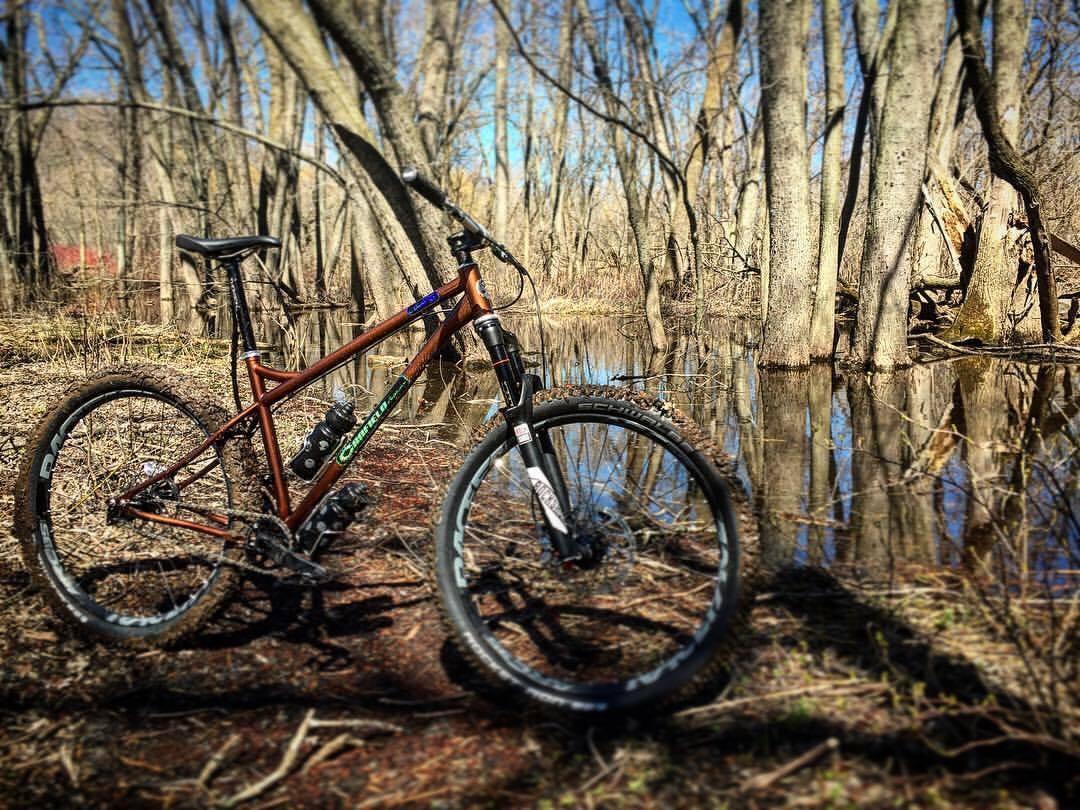 Canfield Brothers Nimble 9: A mountain bike resting on the ground beside a calm, reflective body of water surrounded by trees in a forested area. The scene showcases clear blue skies and the vibrant colors of nature in early spring.