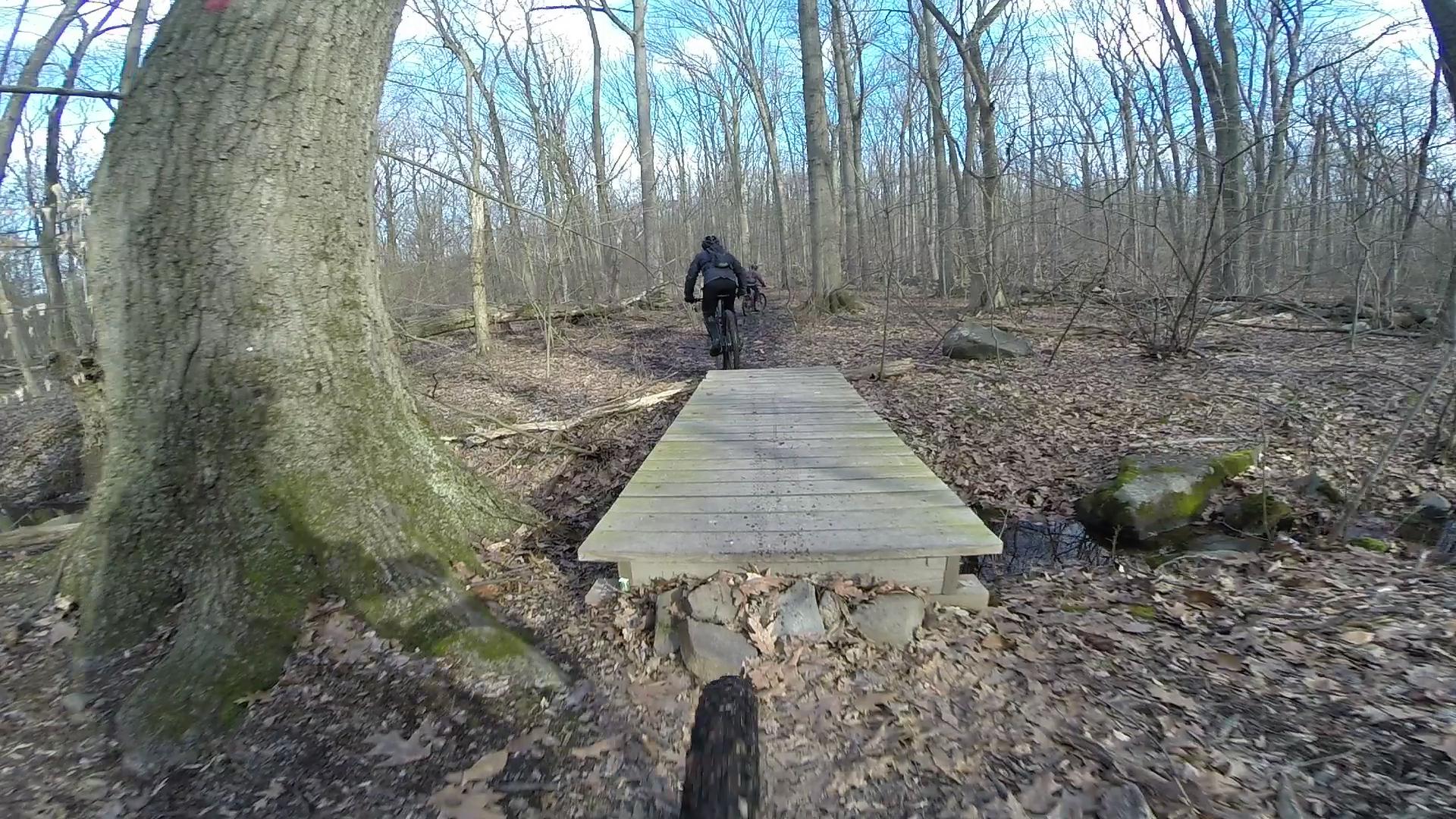 A mountain biker riding across a wooden bridge in a wooded area, surrounded by bare trees and fallen leaves, with rocky terrain visible near the creek. The sky is partly cloudy. Richmond Avenue and Forest Hill road mountain bike trail.