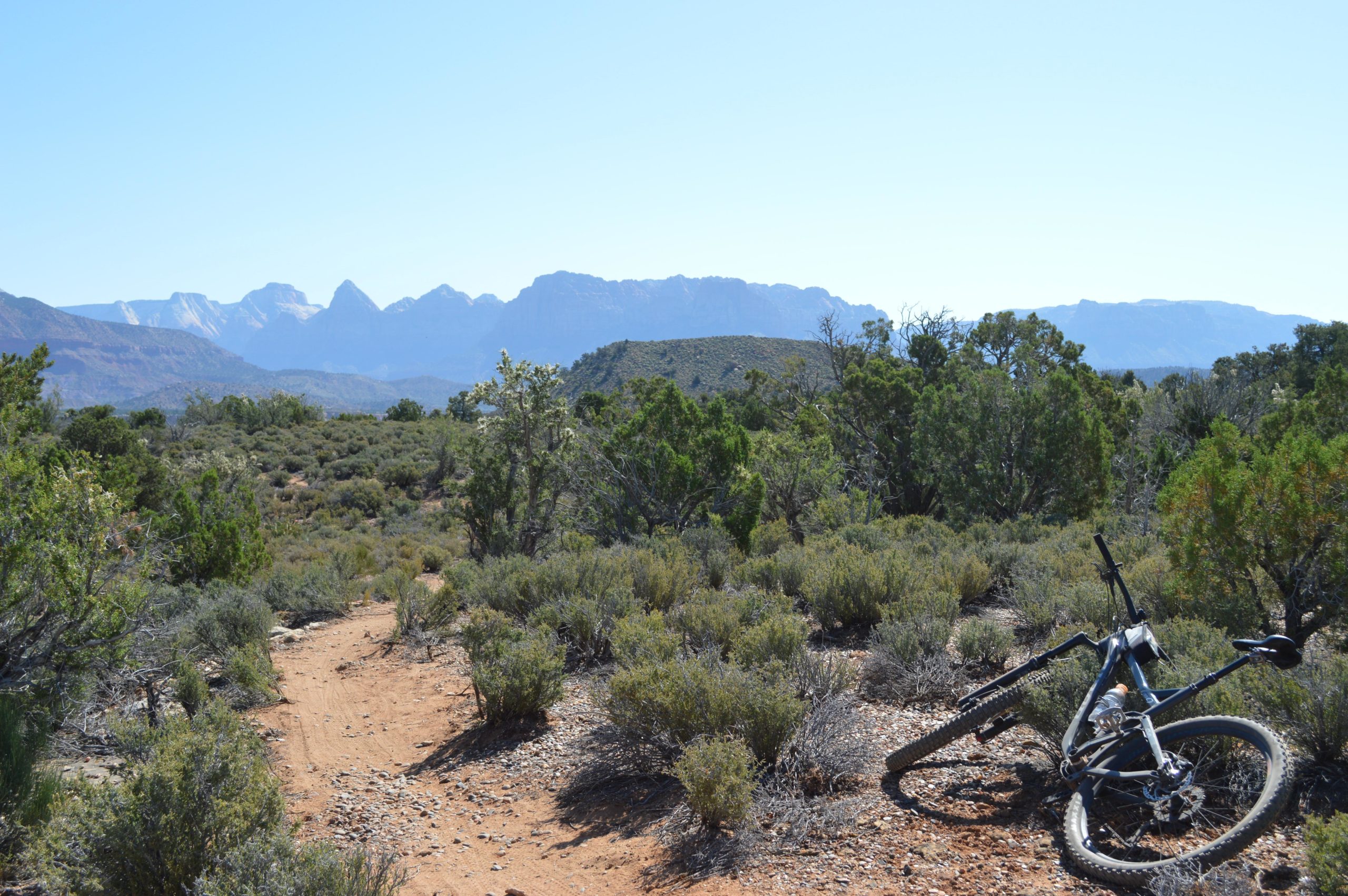A mountain bike resting on a dirt trail surrounded by green shrubs and trees, with a scenic view of distant mountains under a clear blue sky. Wire Mesa Loop mountain bike trail.