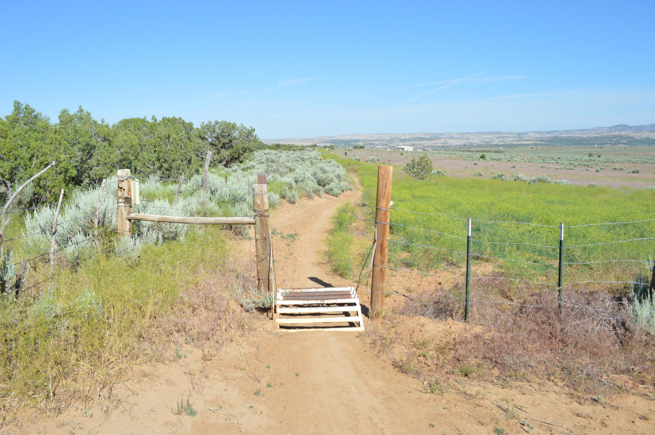 A dirt pathway leading through a rustic wooden gate, surrounded by green shrubs and tall grass, with rolling hills in the background under a clear blue sky. The scene conveys a peaceful, rural landscape. Alien Run Trail mountain bike trail.