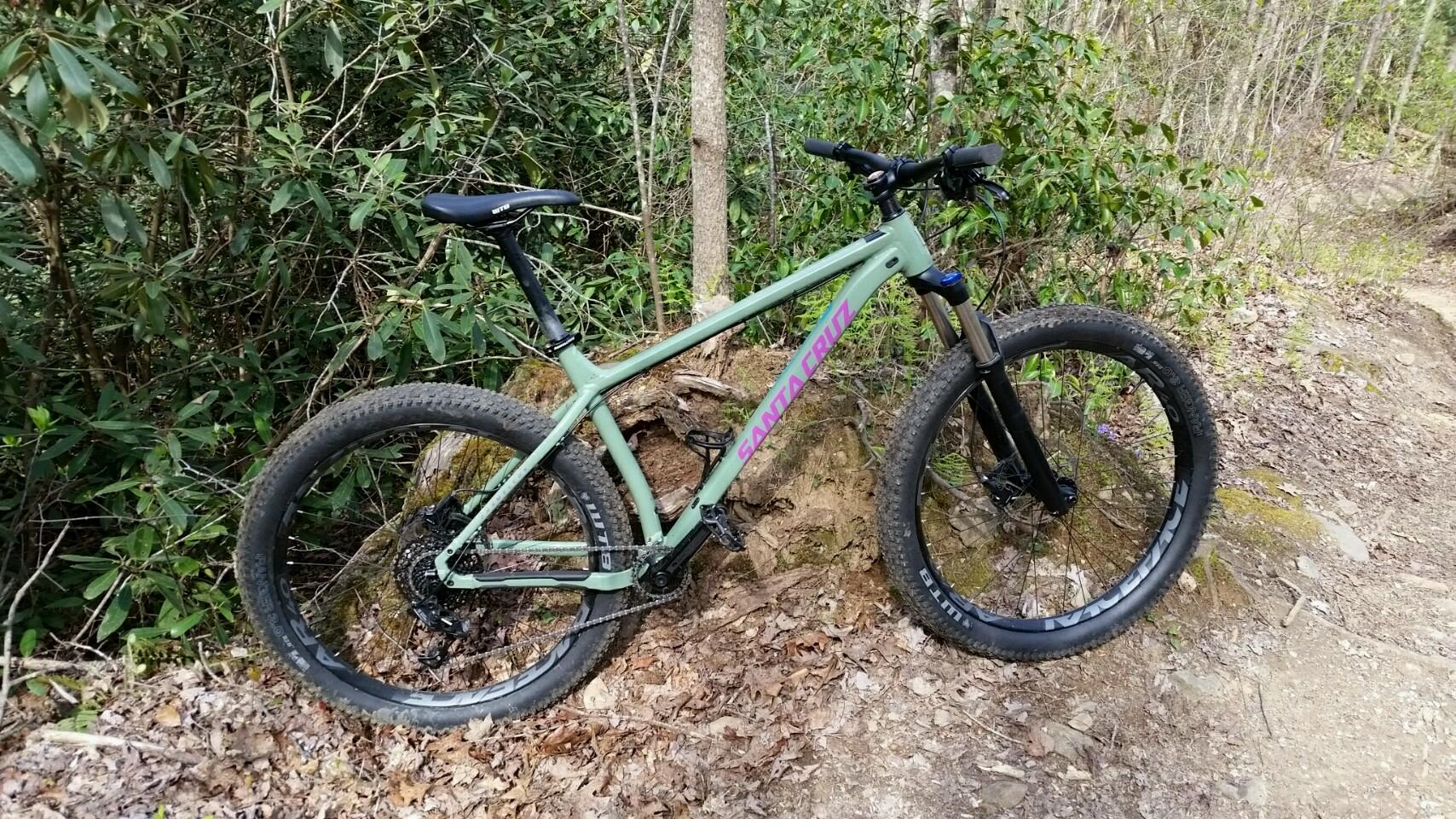 2017 Santa Cruz Chameleon: A mountain bike leaning against a tree stump, surrounded by green foliage and underbrush. The bike features a light green frame with a pink logo, chunky tires, and a front suspension fork, indicating it's designed for off-road biking. The ground is covered with leaves and dirt trails, suggesting a natural outdoor setting.