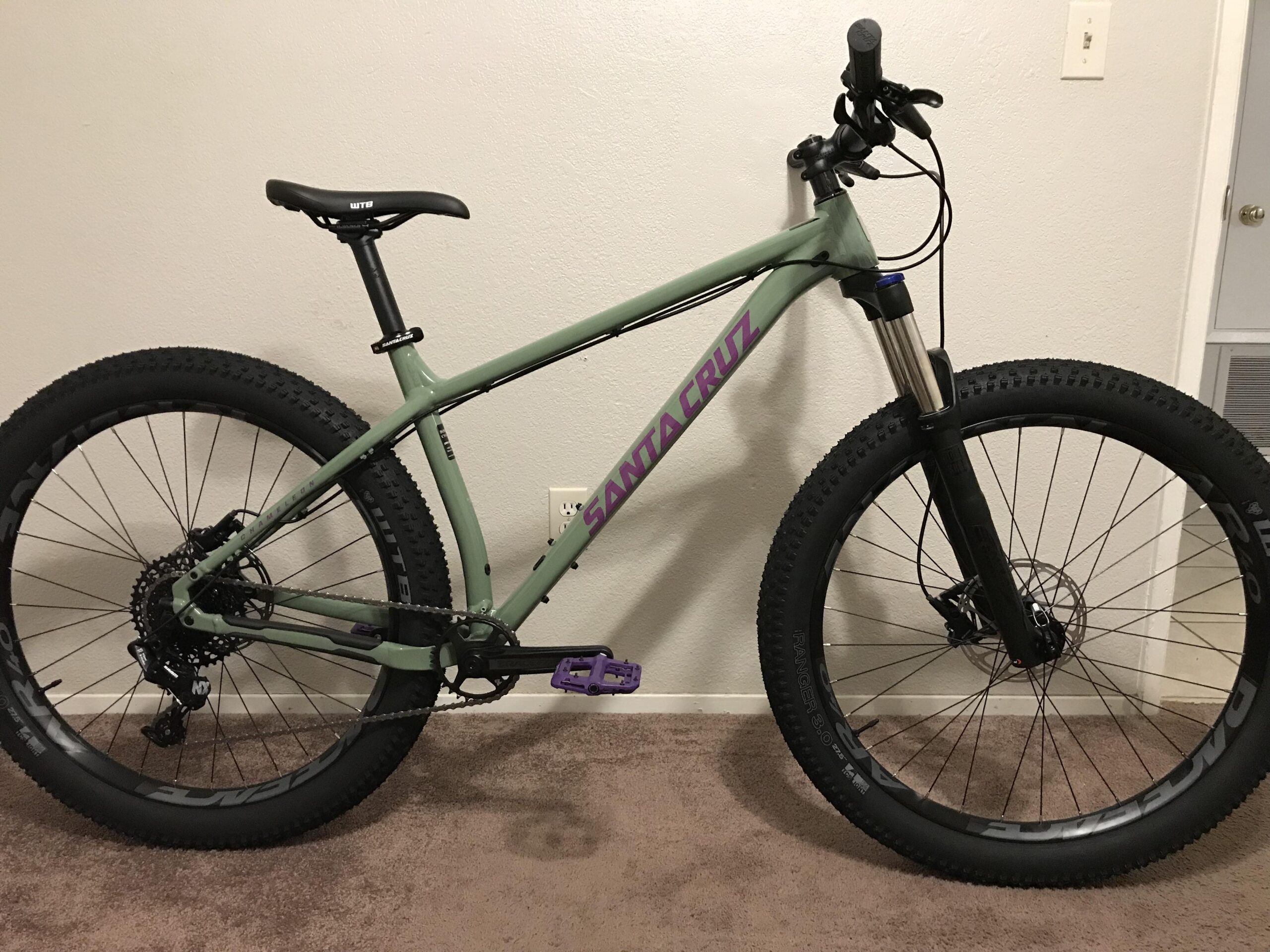 Santa Cruz Chameleon: A green mountain bike with wide tires and a sturdy frame, featuring a purple logo that reads "SANTA CRUZ." The bike is positioned on a carpeted floor against a plain wall, showcasing its suspension fork and gear system.