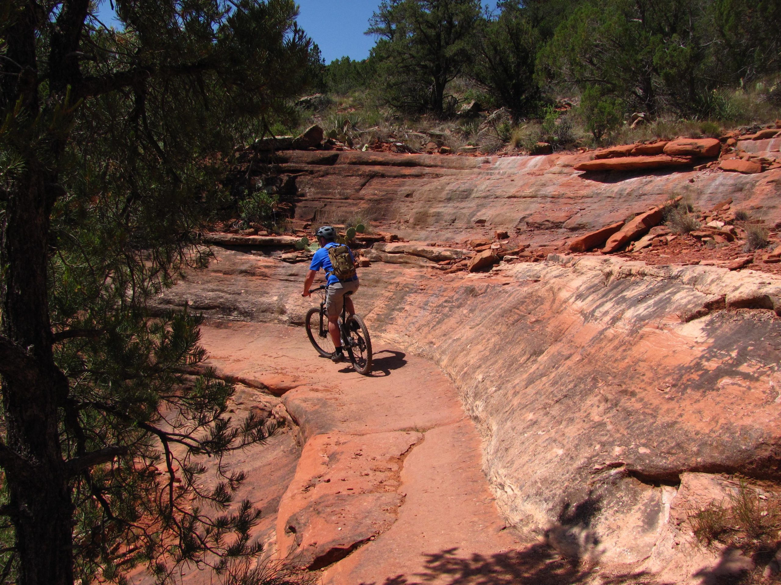 A cyclist rides along a rocky trail in a desert landscape, surrounded by reddish rock formations and sparse vegetation. The scene is illuminated by bright sunlight, highlighting the rugged terrain and providing a sense of adventure in nature. Upper Dry Creek Area Trails mountain bike trail.