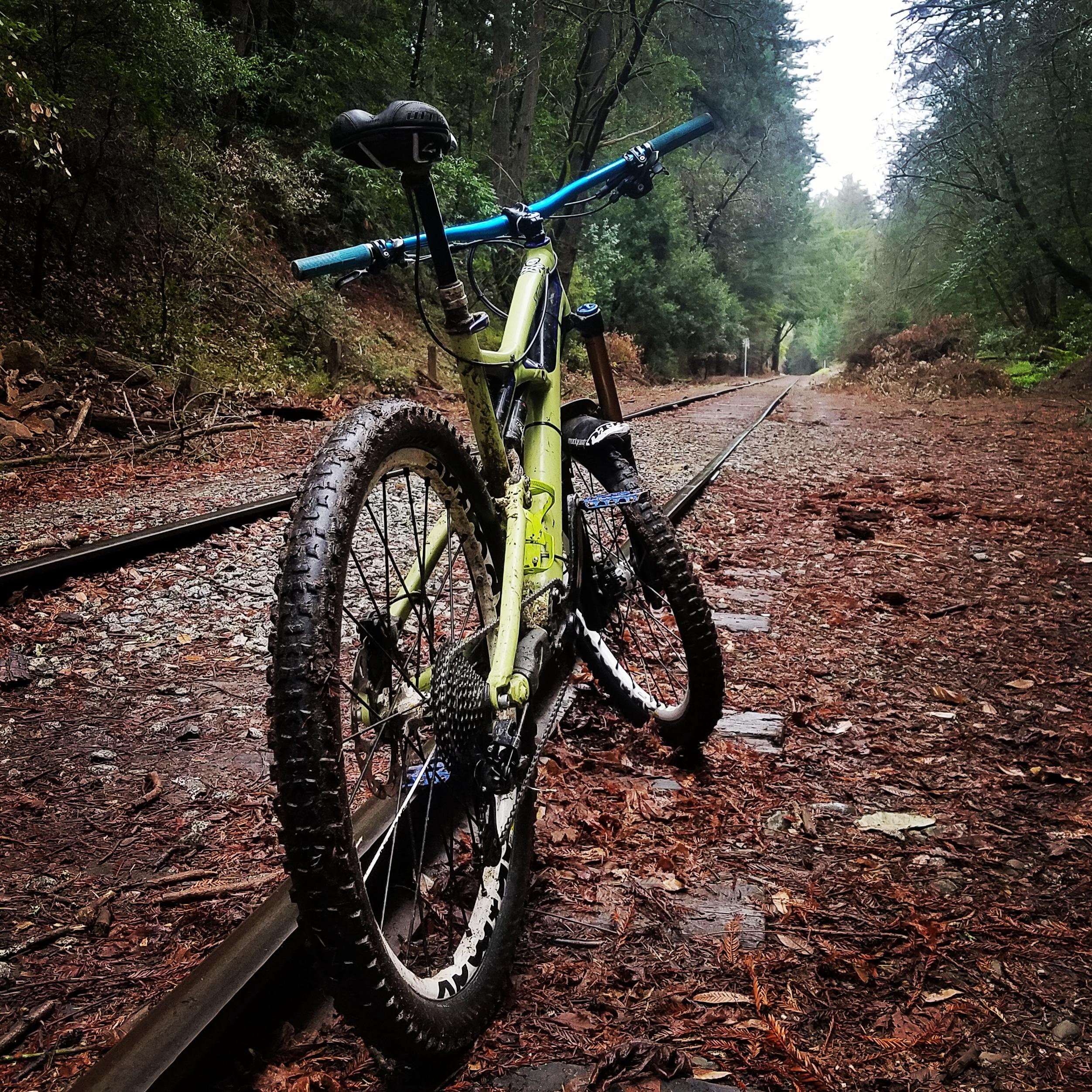 Specialized Enduro: A mountain bike parked beside a set of railway tracks, surrounded by lush greenery and a forest path. The bike is prominently featured with muddy tires, indicating recent use, and the scene is set on a damp, leaf-strewn trail.