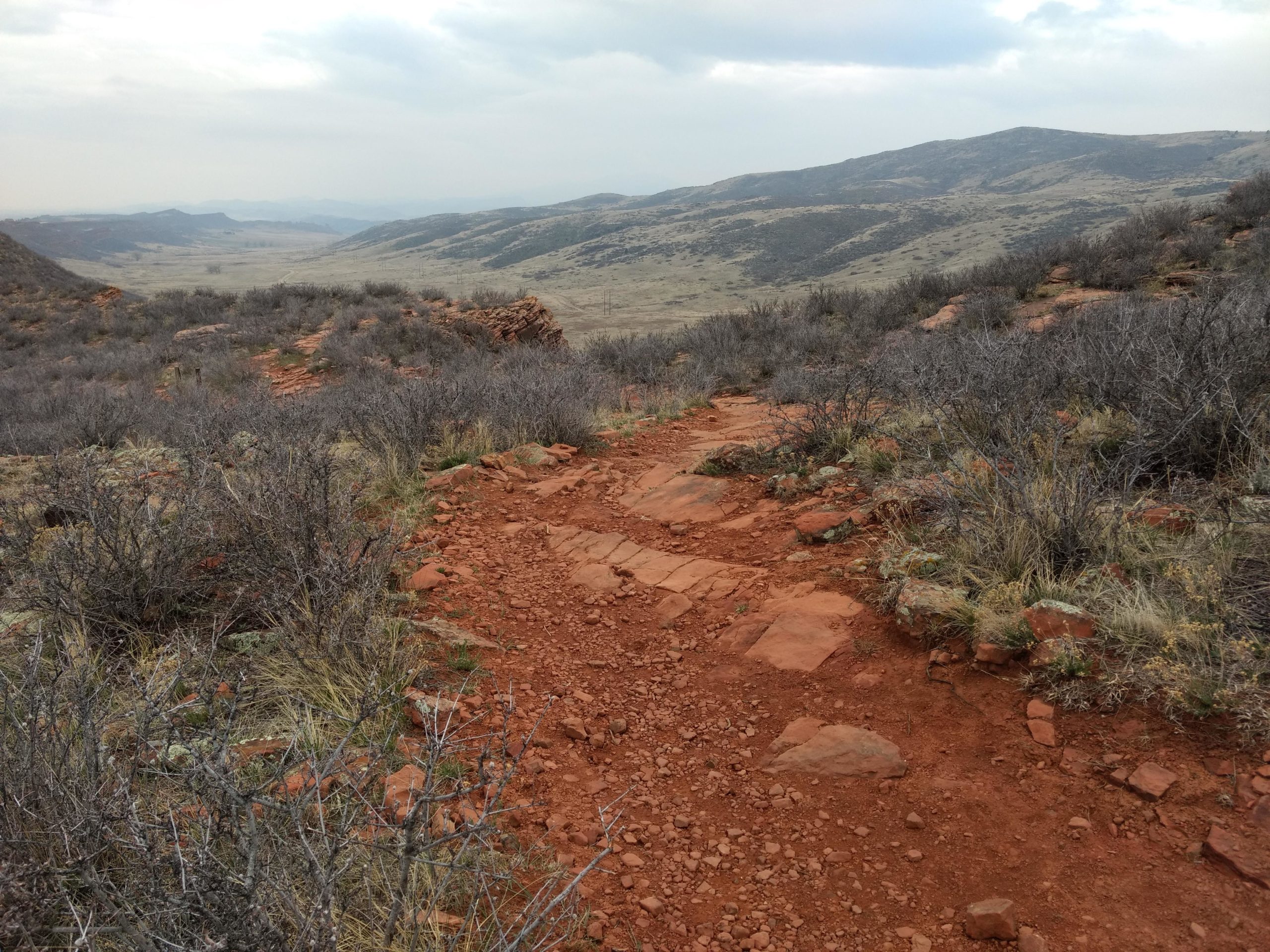 A rugged hiking trail winding through a landscape of low, dry shrubs and rocky terrain, with distant rolling hills under a cloudy sky. Coyote Ridge mountain bike trail.