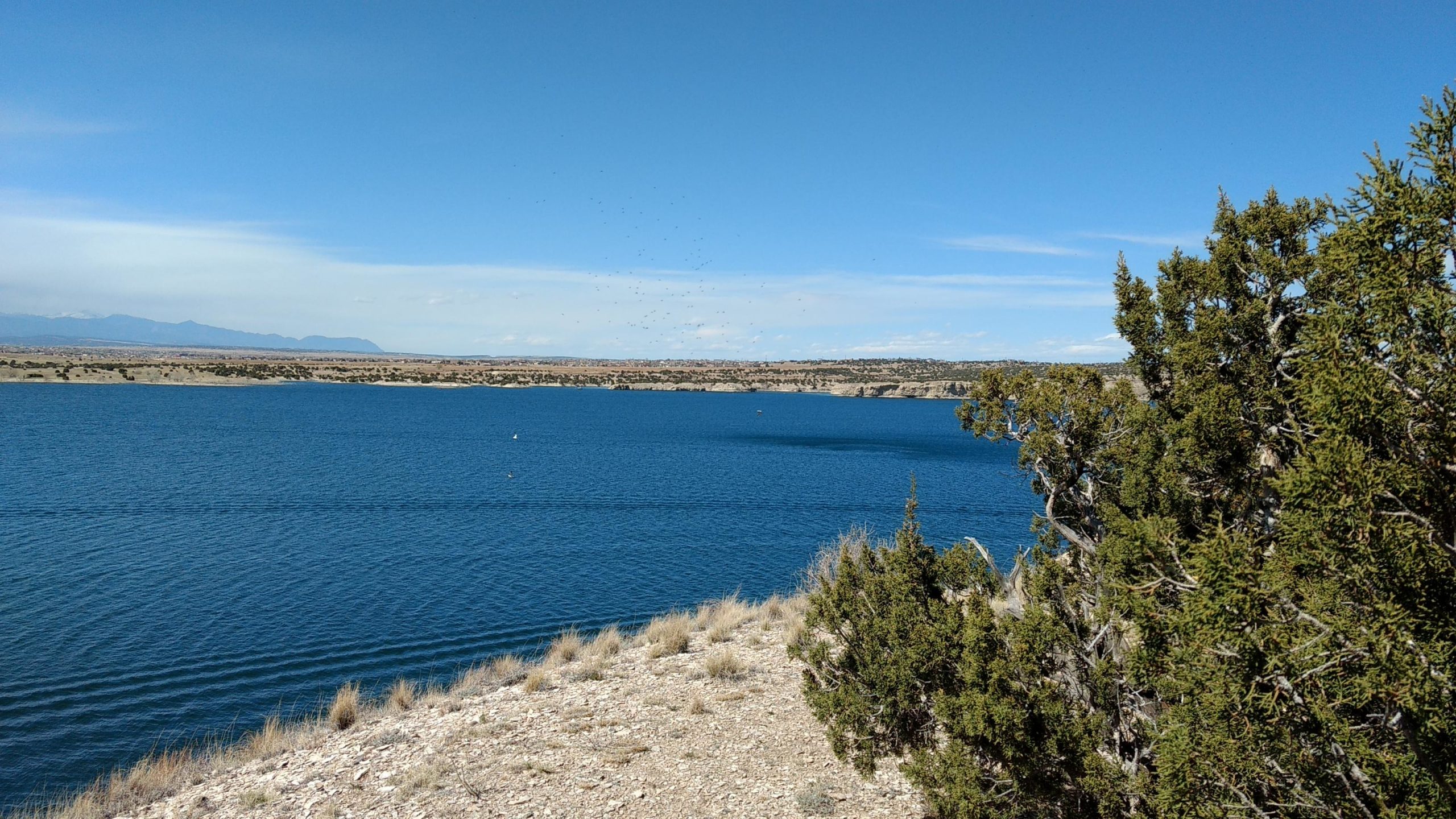 A scenic view of a blue lake surrounded by rocky terrain and low vegetation under a clear blue sky, with distant mountains visible in the background. South Shore Lake Pueblo mountain bike trail.