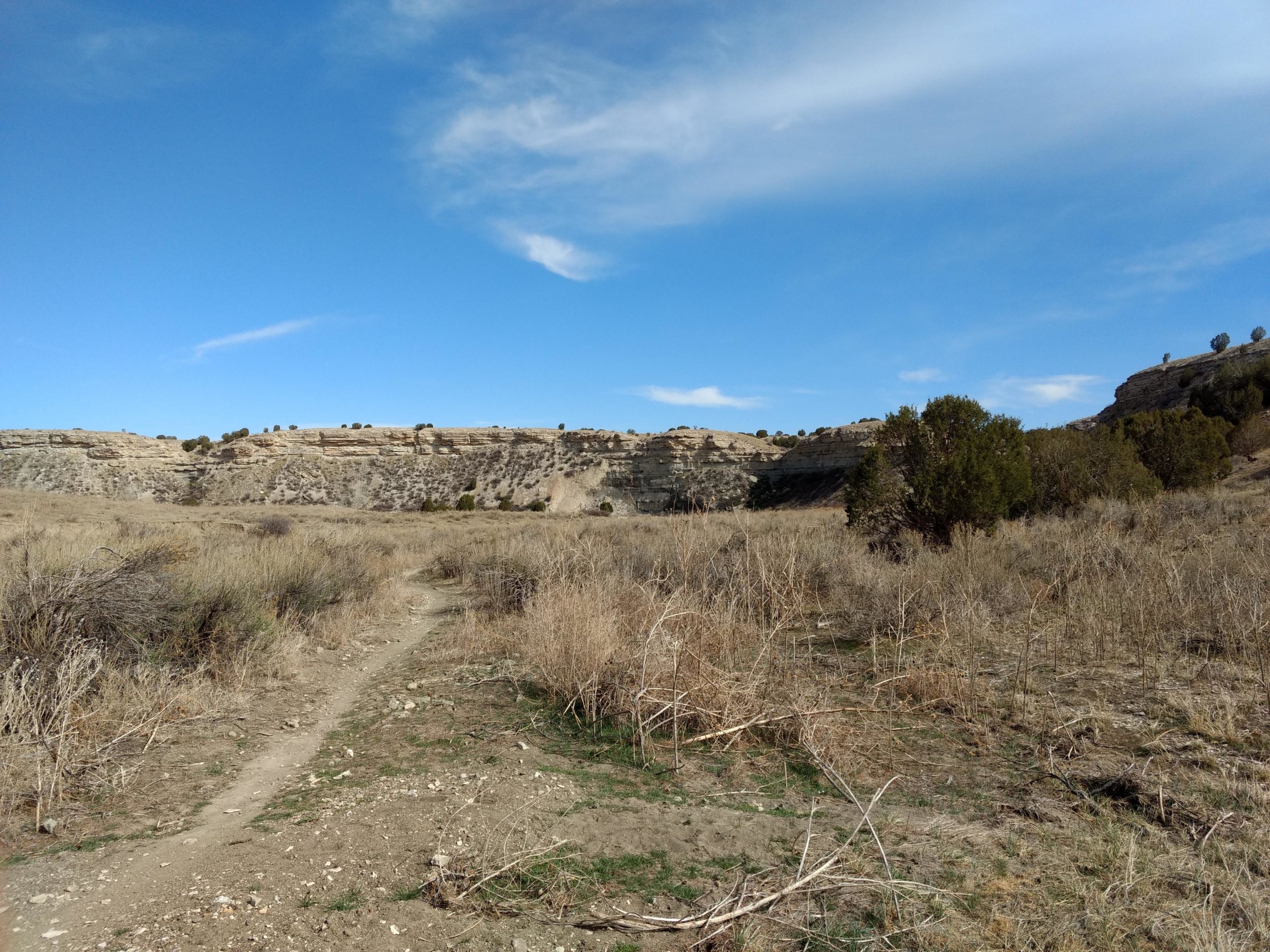 A wide view of a rocky landscape featuring layered cliffs and sparse vegetation under a clear blue sky. A dirt path winds through dry grass and shrubs in the foreground, leading towards the cliffs in the background. South Shore Lake Pueblo mountain bike trail.