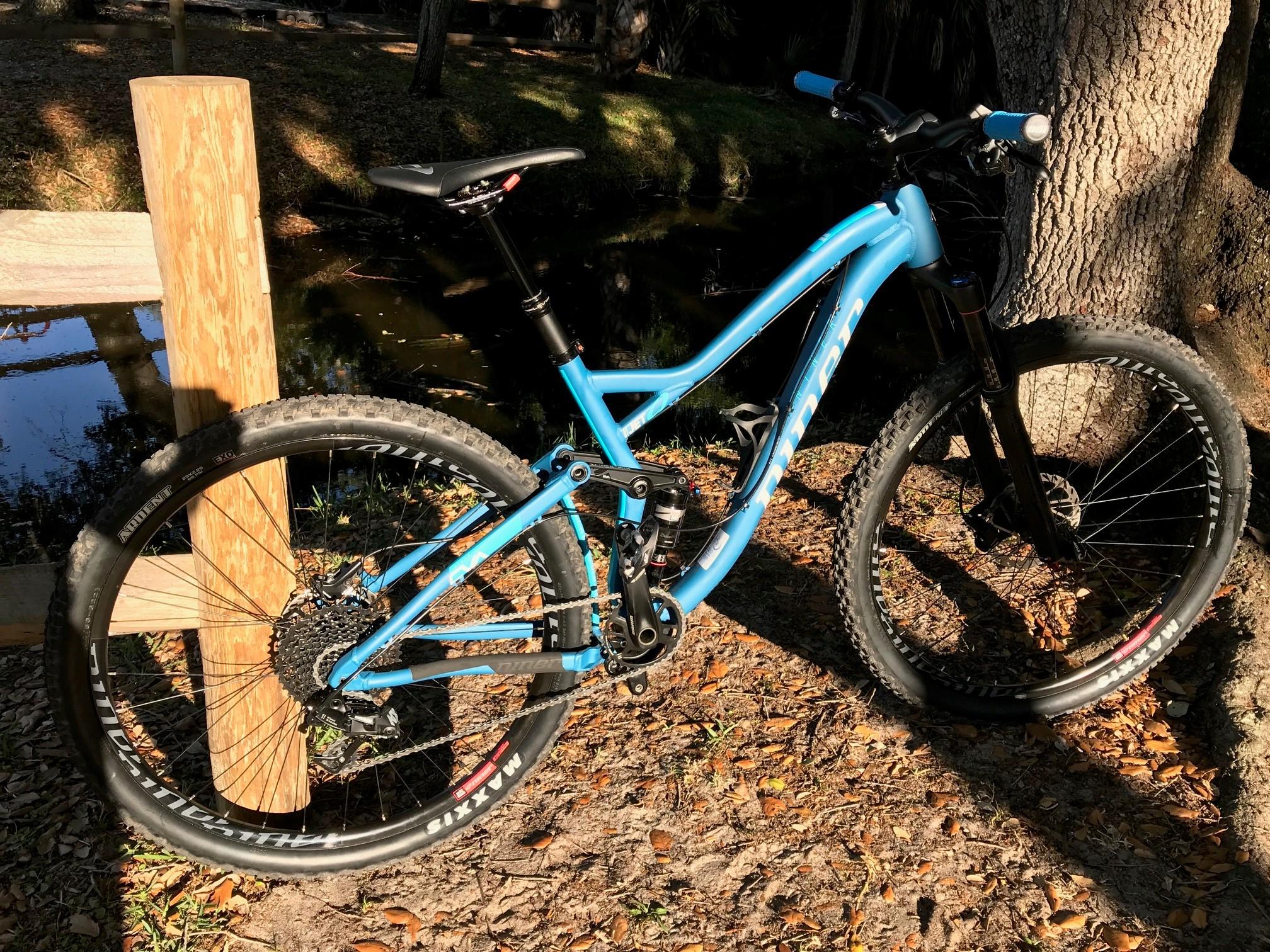 Niner Jet 9: A blue mountain bike rests against a wooden post near a calm, reflective body of water, surrounded by fallen leaves and nature. The bike features thick tires, a sturdy frame, and is positioned in a sunlit outdoor setting.