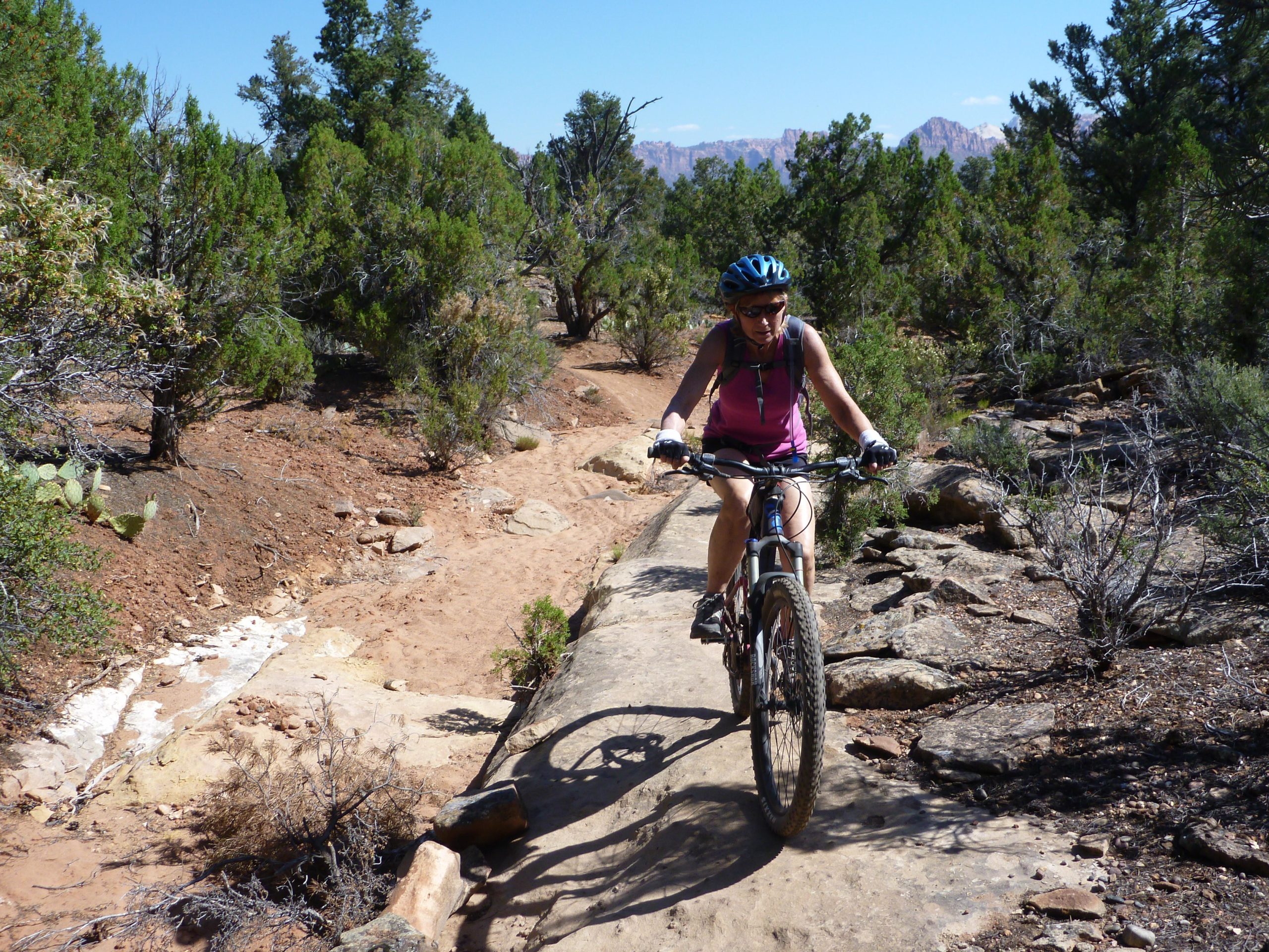 A person riding a mountain bike on a rocky trail, surrounded by shrubs and trees in a sunny outdoor setting. The terrain is dry, with visible rocks and sandy patches. The cyclist is wearing a helmet and a tank top, focused on the path ahead. Wire Mesa Loop mountain bike trail.