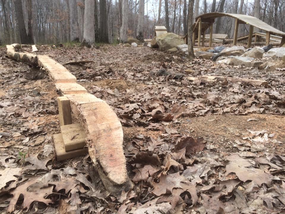 Wooden path winding through a forested area, surrounded by fallen leaves. In the background, a wooden structure resembling a pavilion is partially visible, along with some large rocks and bare trees. The scene conveys a natural, rustic atmosphere. Scales Lake Park Trails mountain bike trail.
