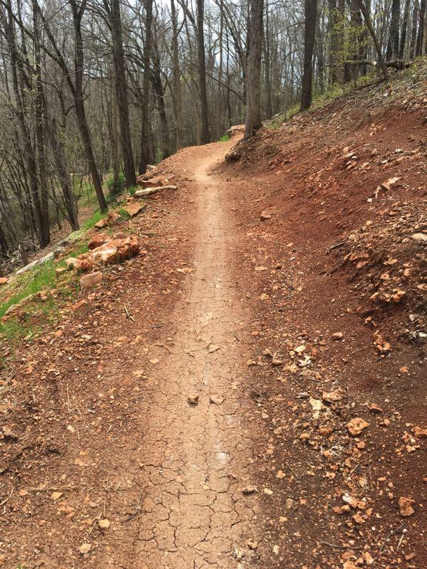 A narrow dirt trail winding through a forest, surrounded by bare trees and patches of green grass. The trail shows signs of dryness and is flanked by rocky soil. Slaughter Pen Trail mountain bike trail.