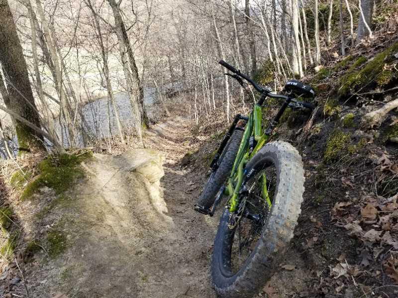 A green fat tire mountain bike resting against a rocky incline, with a narrow dirt path winding through a forest of bare trees in the background. A body of water is visible in the distance, surrounded by foliage. The scene captures a peaceful outdoor setting, ideal for biking or hiking. Seven Mile Creek Park mountain bike trail.