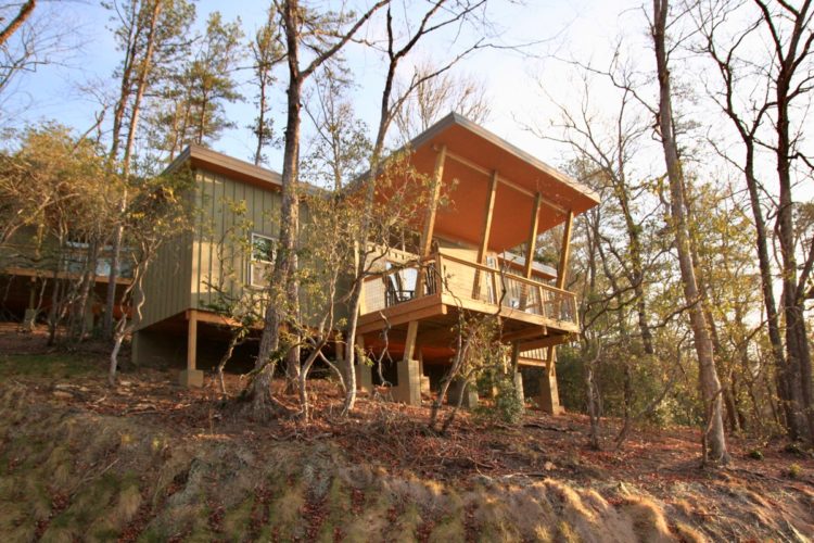 A modern house perched on a hillside, surrounded by trees, with a spacious wooden deck and bright orange roof, bathed in warm sunlight.
