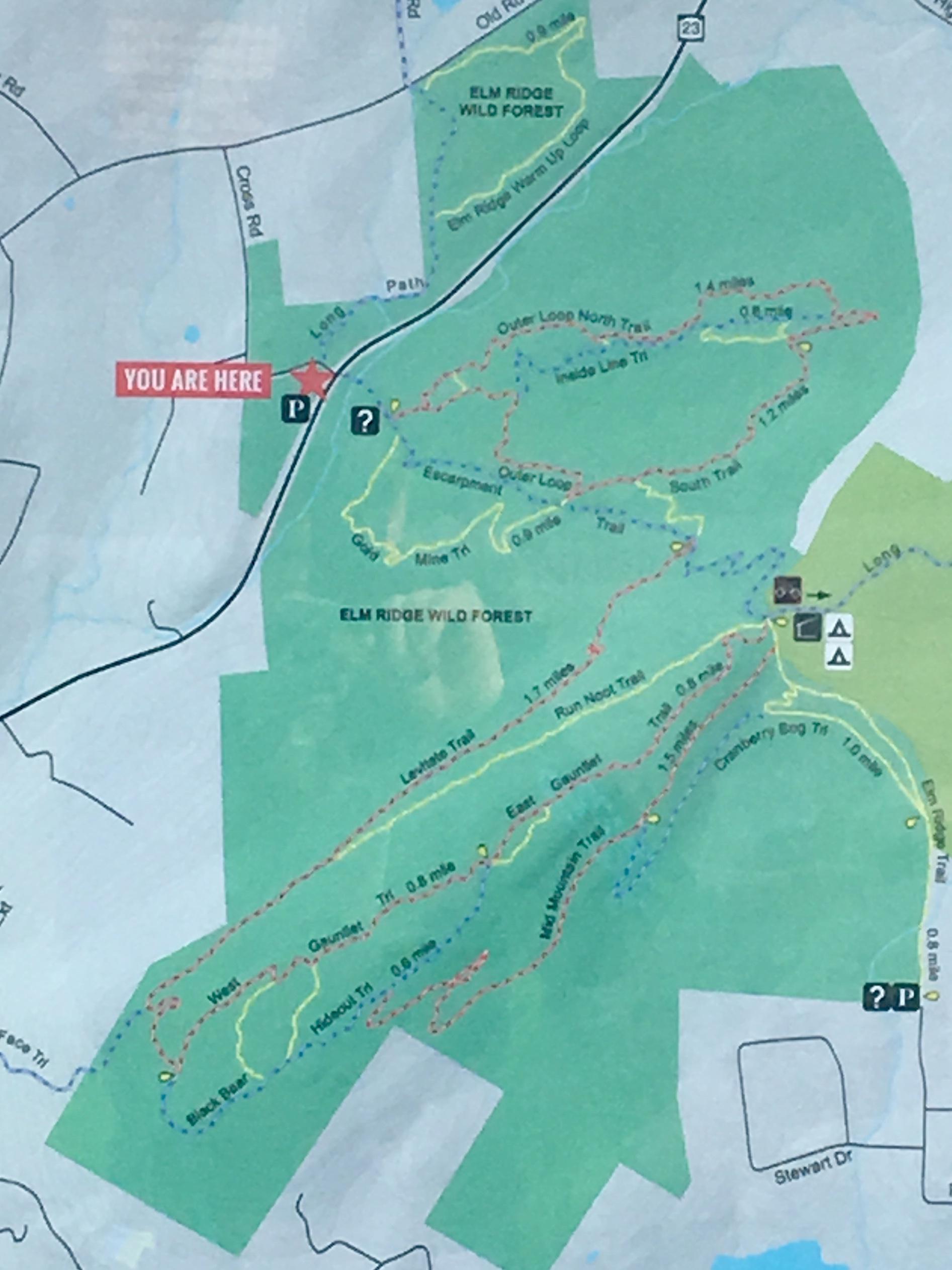 Map of Elm Ridge Wild Forest showing trails, distances, and locations, including marked "You Are Here" indicator and parking areas. Elm Ridge mountain bike trail.
