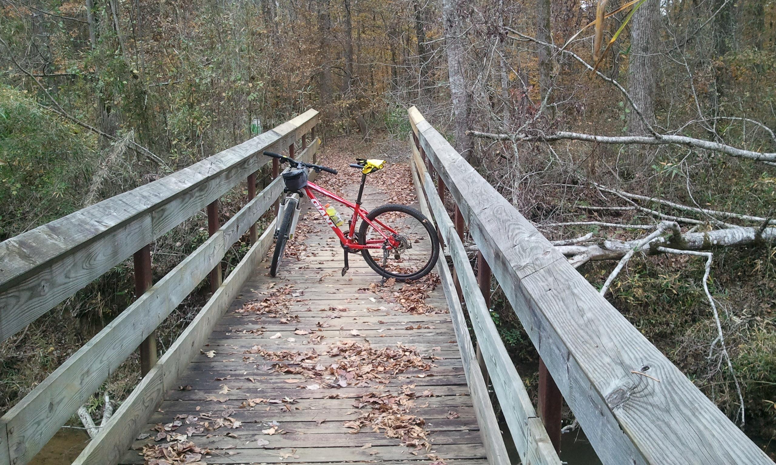 A red mountain bike is leaning against a wooden bridge surrounded by trees and autumn foliage. The bridge is covered in fallen leaves, and a small stream is visible below. The scenery indicates a peaceful outdoor setting, ideal for biking or nature walks. Noxubee Crest mountain bike trail.