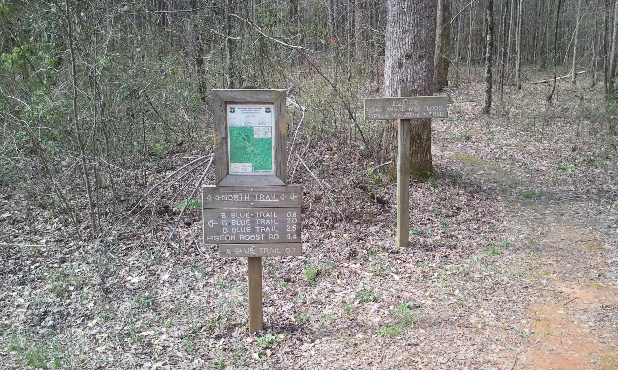 Signage at a trailhead displaying a map and directions for various hiking trails. The sign includes indications for the North Trail and several blue trails with corresponding distances, along with a notice about potential flooding on the road ahead. The surrounding area is wooded with leaf litter on the ground. Noxubee Crest mountain bike trail.