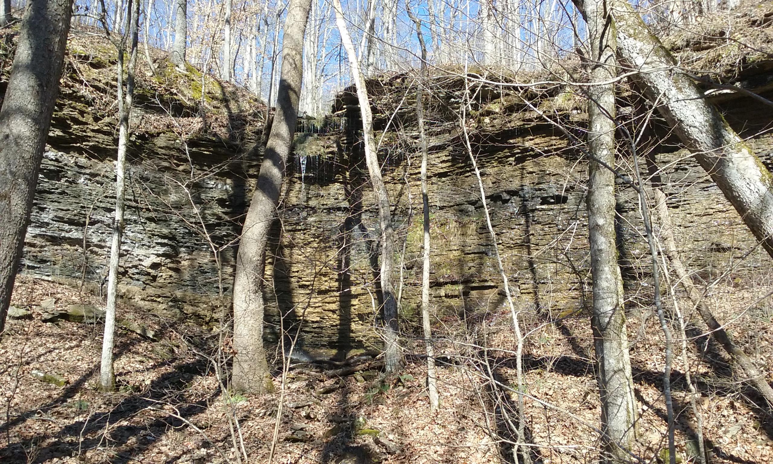 A rocky cliff surrounded by bare trees, with sunlight filtering through the branches onto the ground covered in leaves. A small waterfall is visible at the top of the cliff. Upper Buffalo Headwaters Trail System mountain bike trail.