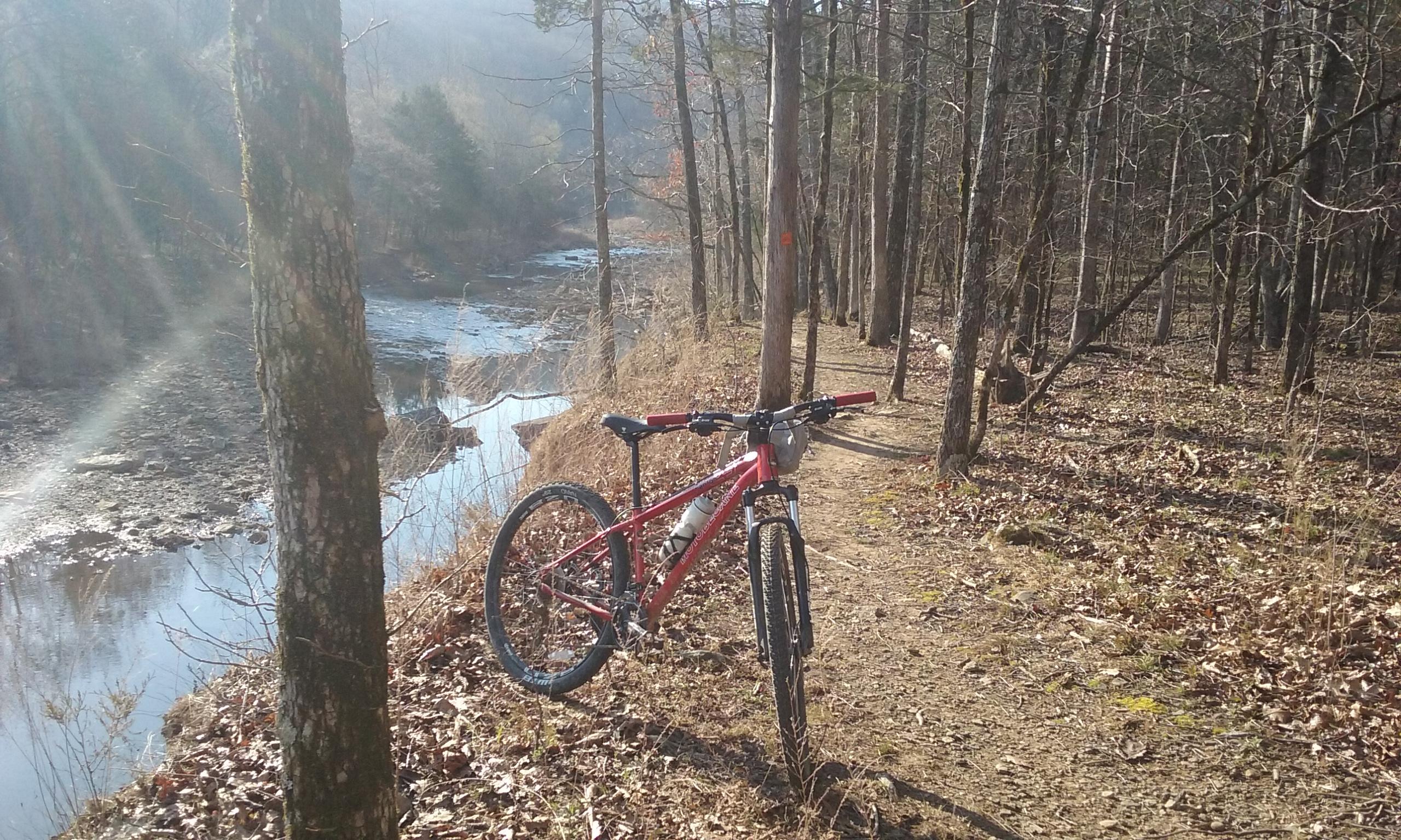 A red mountain bike leans against a tree along a dirt trail, with a gently flowing river visible in the background. Sunlight filters through the trees, casting soft rays across the scene, which features a mix of bare branches and fallen leaves. Fossil Flats mountain bike trail.