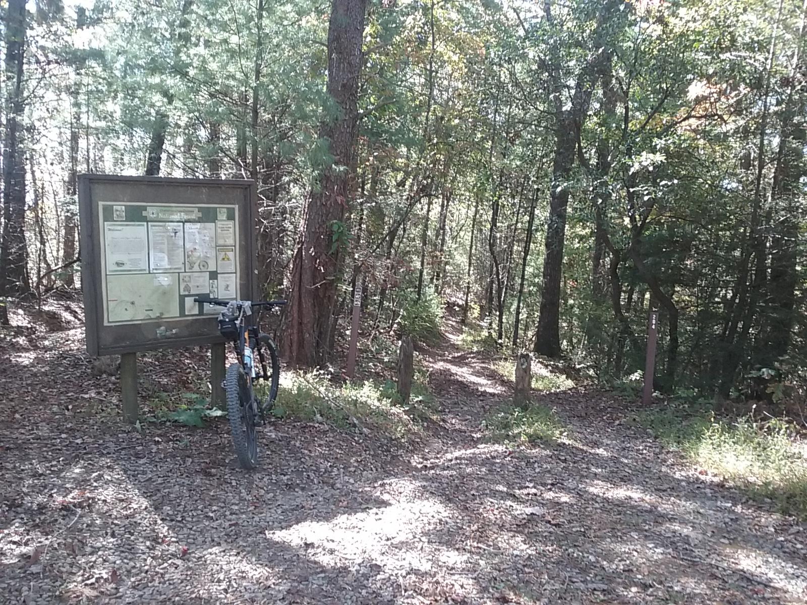 A mountain bike is leaning against an information board on a forest trail. The board displays maps and guidelines for outdoor activities. The surrounding area is wooded, with trees and fallen leaves, creating a natural, serene setting. A marked trail leads into the dense forest. Pinhoti Trail: P1 / Bear Creek Pinhoti mountain bike trail.