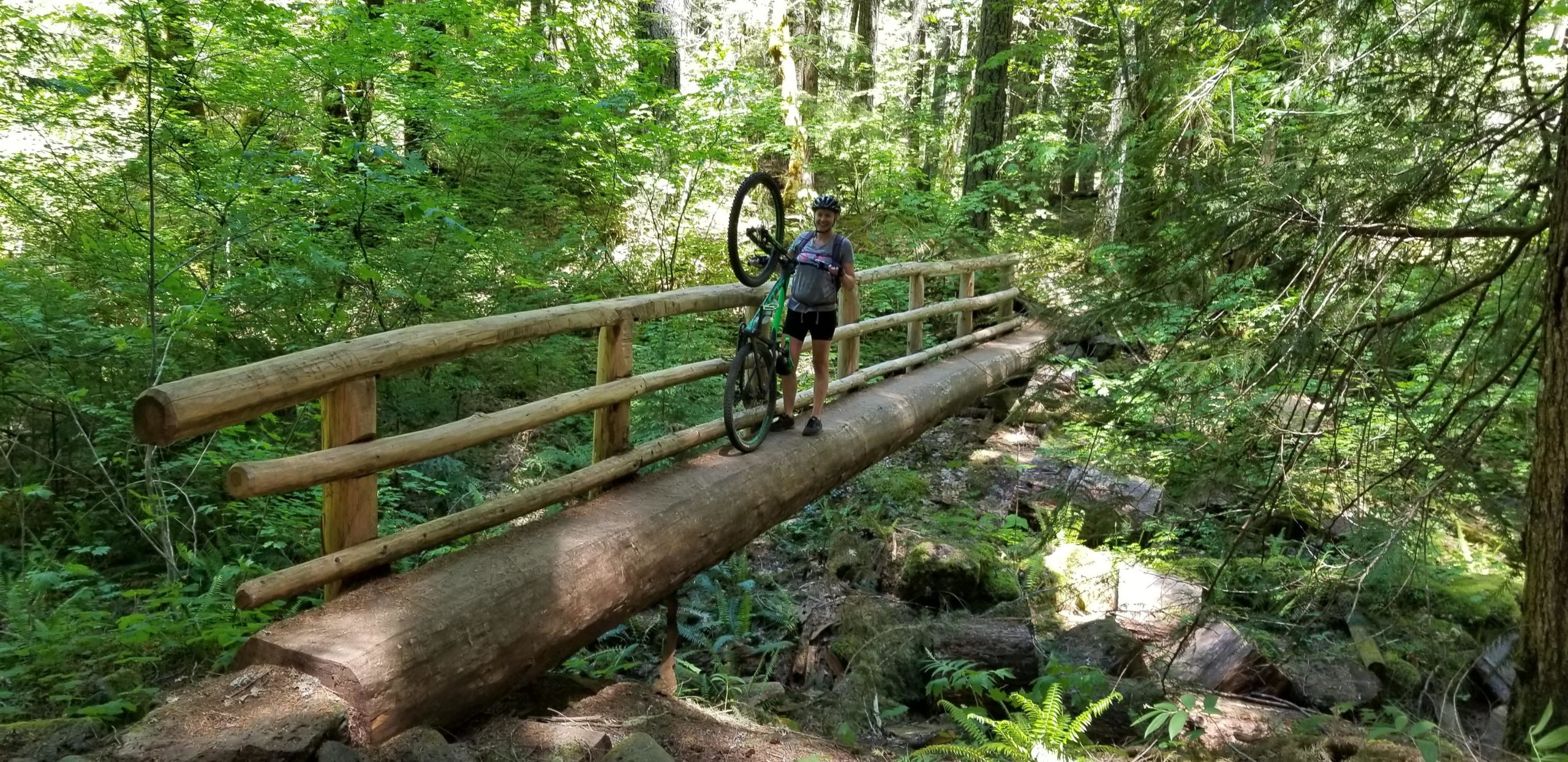 A person stands on a wooden bridge over a small creek in a lush, green forest, holding a mountain bike. The bridge is made of a large log with wooden railings, and the surroundings are filled with ferns and tall trees, creating a serene outdoor atmosphere. Mckenzie River Trail mountain bike trail.