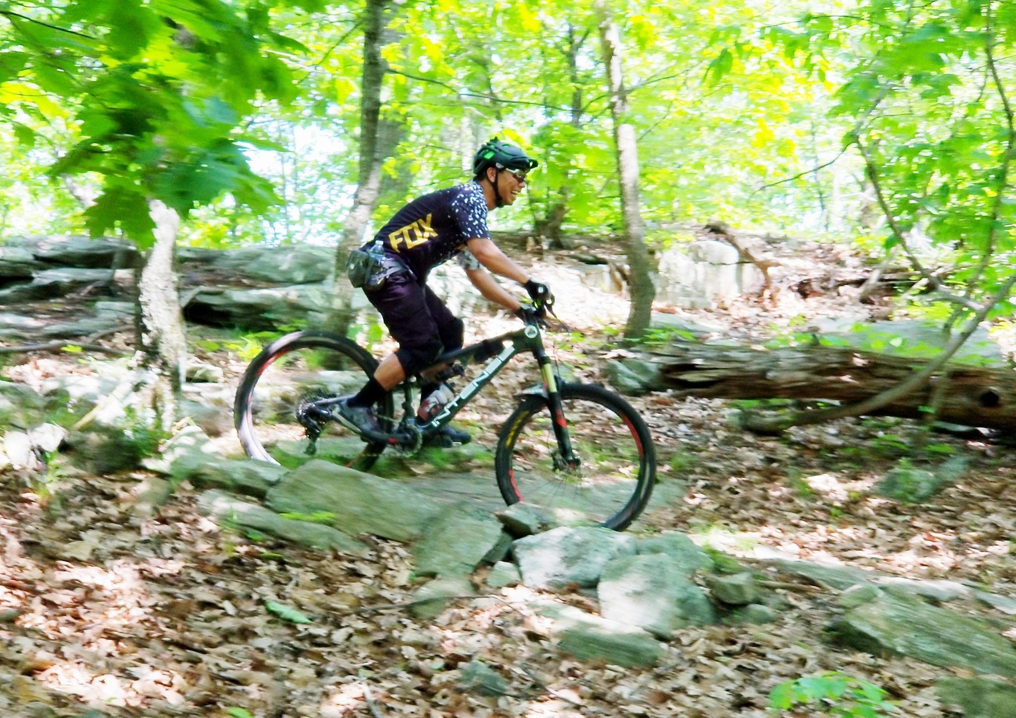 A mountain biker navigating rocky terrain in a wooded area, surrounded by green leaves and sunlight filtering through the trees. The cyclist is wearing a helmet and a jersey with the logo "FOX," showcasing an active outdoor adventure. Ringwood Skylands Manor mountain bike trail.