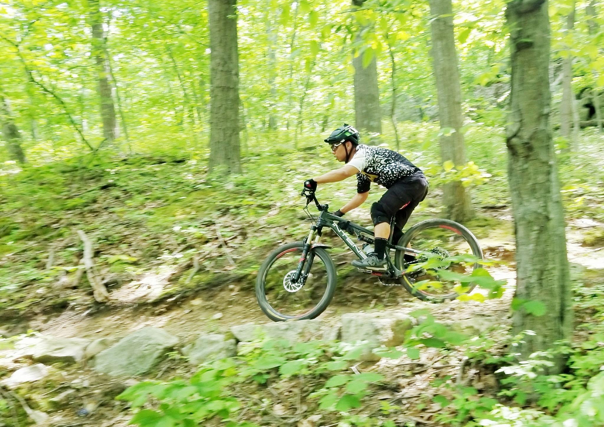 A mountain biker navigates a rugged trail through a dense forest, surrounded by green foliage and trees. The biker leans forward on a black bicycle, capturing the motion as they ride over rocky terrain. The bright, natural light enhances the vibrant greens of the surroundings, showcasing an active outdoor adventure. Ringwood Skylands Manor mountain bike trail.