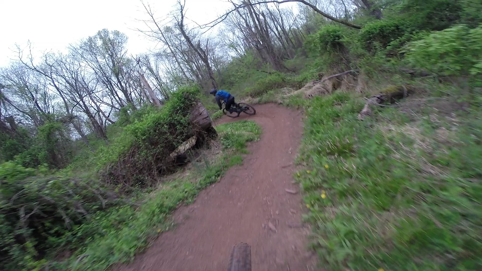 A mountain biker dressed in blue navigates a winding dirt trail through a lush, green forest, with trees and foliage surrounding the path. Six Mile Run mountain bike trail.
