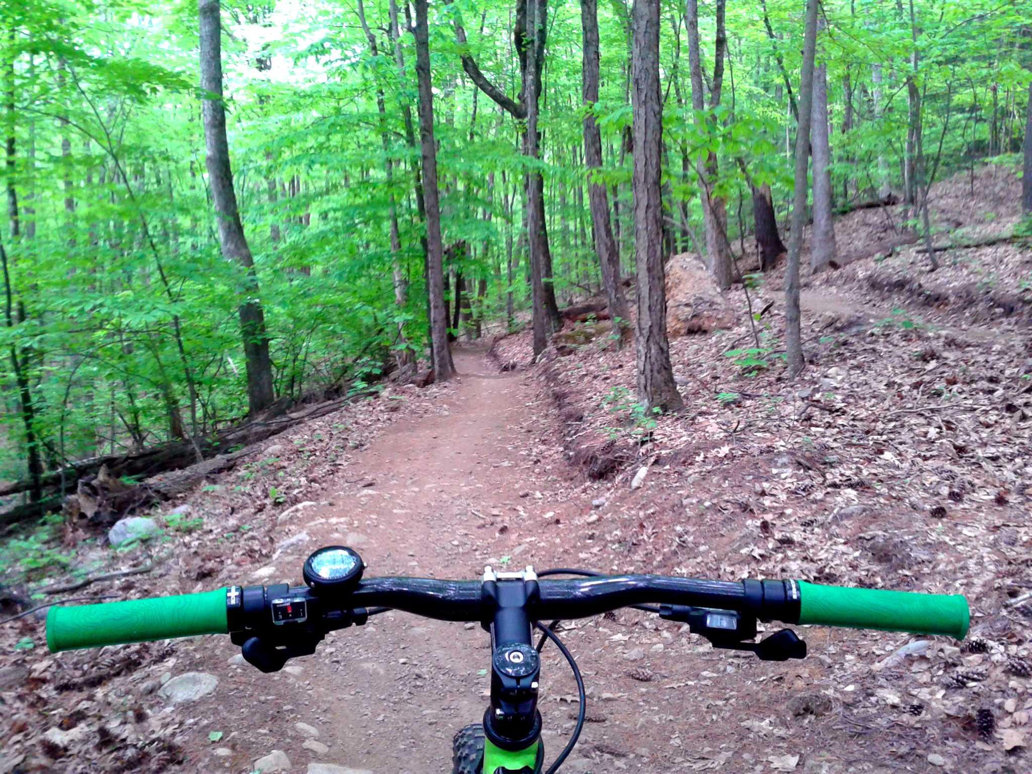 View from the handlebars of a mountain bike on a dirt trail surrounded by lush green trees in a forest setting. The path ahead winds through the woods, with scattered leaves and rocks along the ground. Gurney Lane Mountain Bike Trails mountain bike trail.