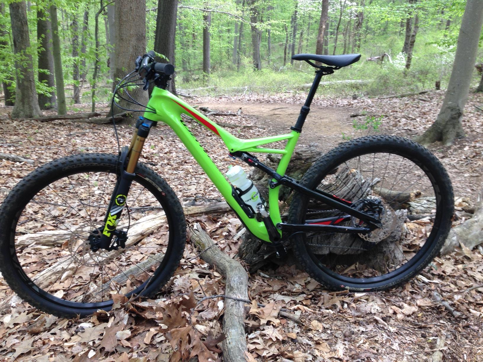 A bright green mountain bike resting on a fallen log in a wooded area, surrounded by brown leaves and green trees. Clayton Park mountain bike trail.