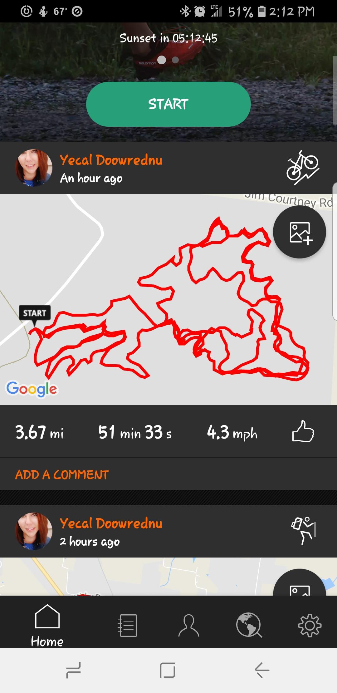 A smartphone screen displays a map with a red, winding route illustrating a biking or running activity. The data shows a distance of 3.67 miles completed in 51 minutes and 33 seconds, with an average speed of 4.3 mph. The top section indicates the time until sunset and has an option to start another activity. The user profile for "Yecal Doowrednu" is visible, along with a timestamp for the activity. Portland Mountain Bike Trail mountain bike trail.