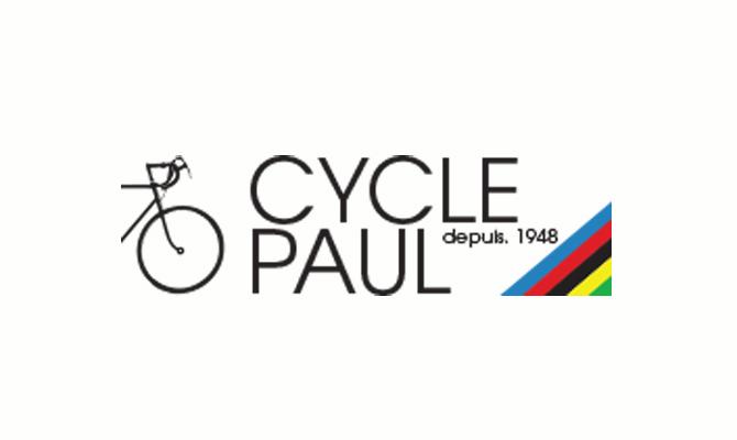 Logo for Cycle Paul, featuring a bicycle graphic and the text "CYCLE PAUL" with "depuis 1948" underneath. Includes a colorful stripe design in red, yellow, and green on the right side.