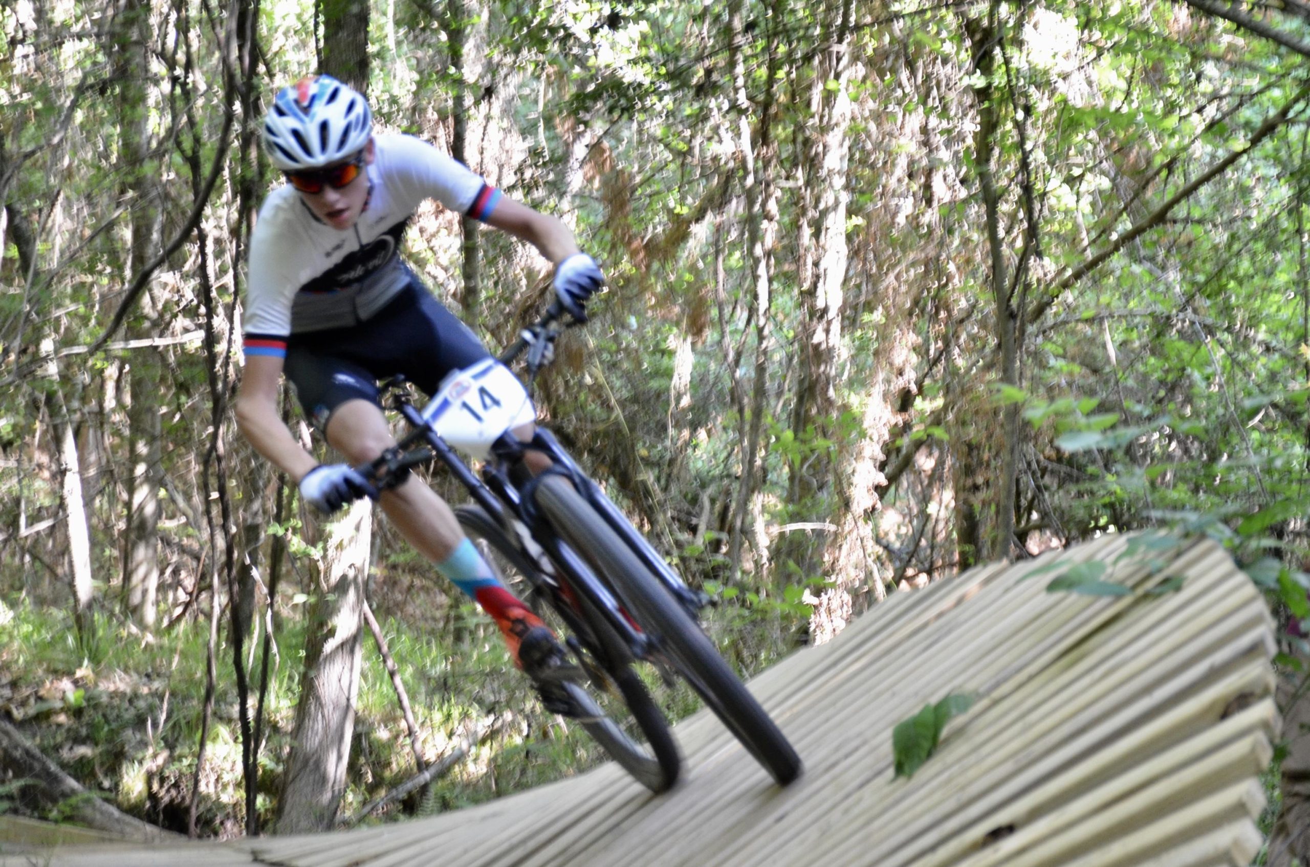 A cyclist wearing a helmet and sunglasses navigates a wooden trail through a forest, leaning into a turn on a mountain bike. The scene captures the motion and intensity of the ride, surrounded by greenery and trees. Mt. Zion Bike Trails mountain bike trail.