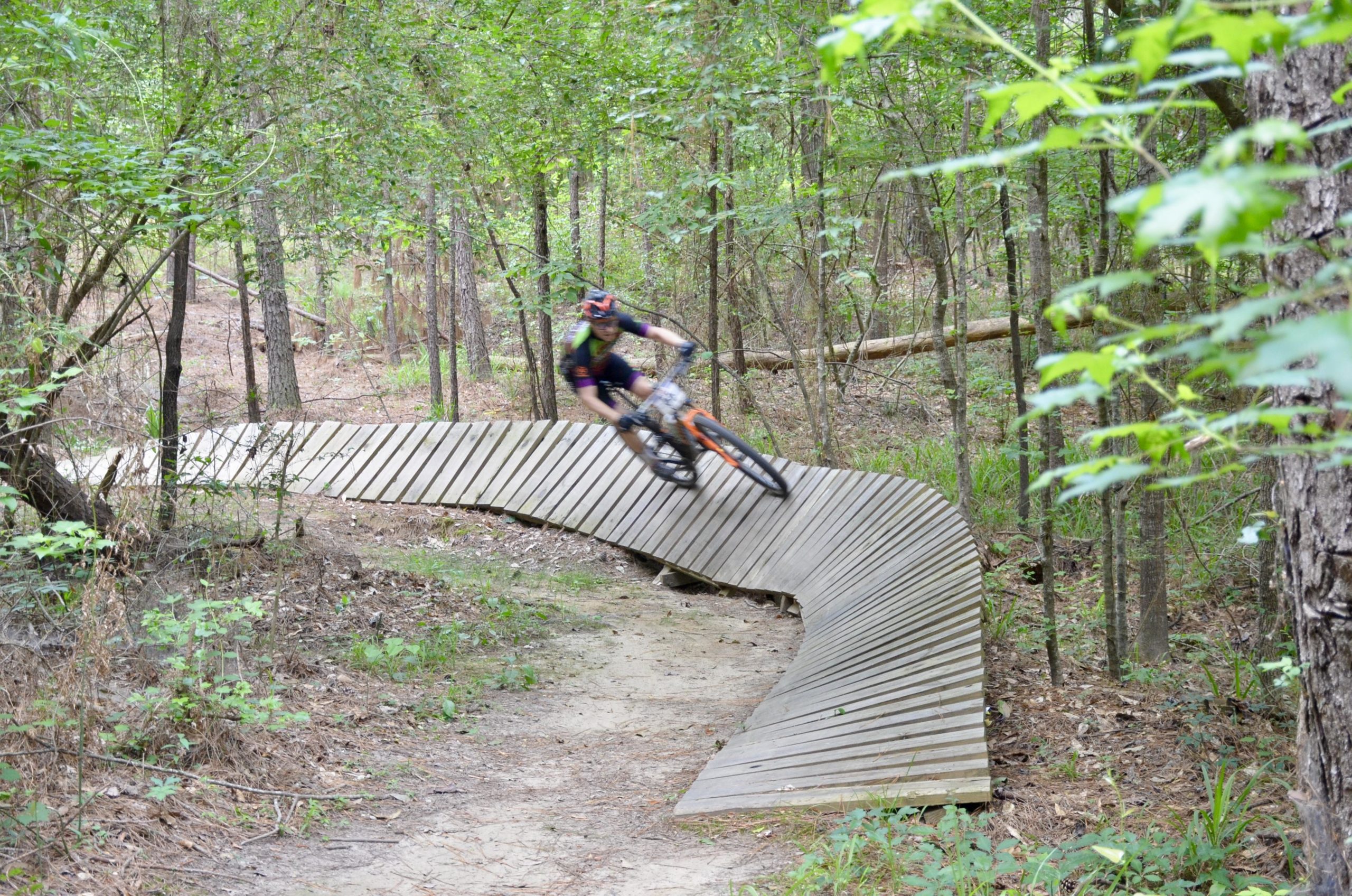 A mountain biker navigates a wooden curved bridge on a trail surrounded by lush greenery and trees. The rider is leaning into the turn, showcasing a dynamic motion. Mt. Zion Bike Trails mountain bike trail.