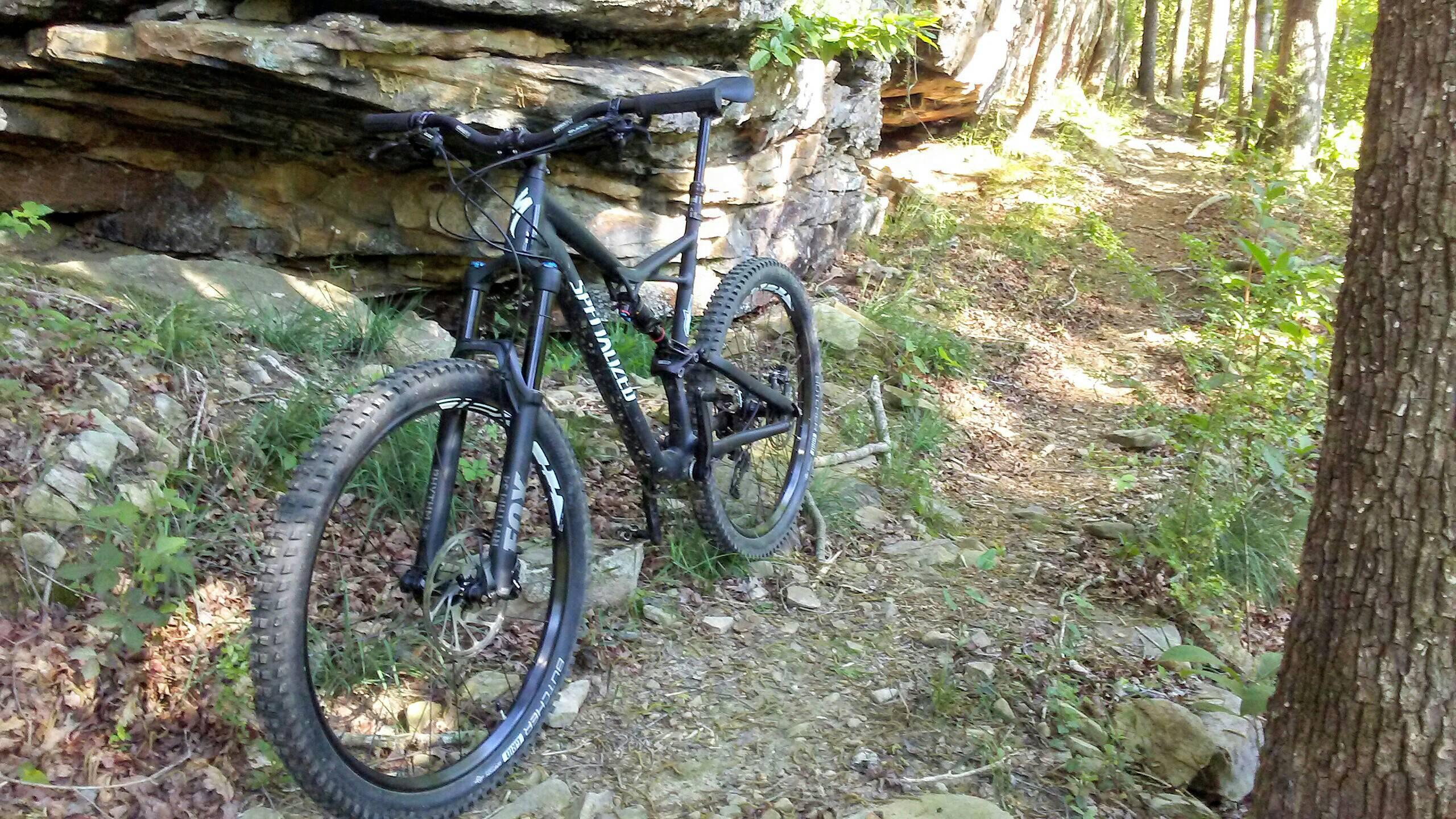 A black mountain bike leaning against a rocky outcrop, surrounded by a forested trail with greenery and scattered leaves. The path winds through the trees, showcasing a natural outdoor setting. Duck River mountain bike trail.