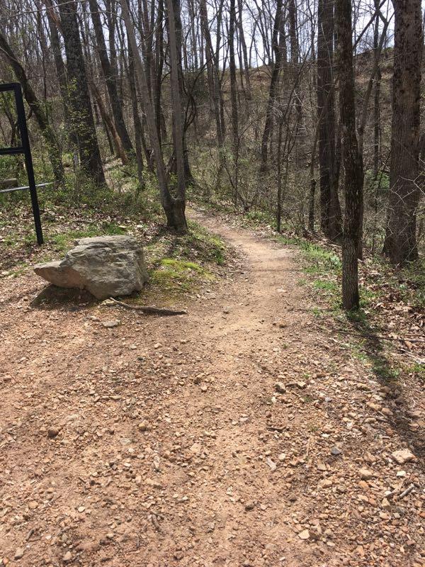 A dirt pathway winds through a wooded area, surrounded by bare trees and patches of greenery. A large rock sits to the left of the path, which curves gently into the distance. The scene is illuminated by natural light, suggesting a peaceful outdoor setting. Slaughter Pen Trail mountain bike trail.