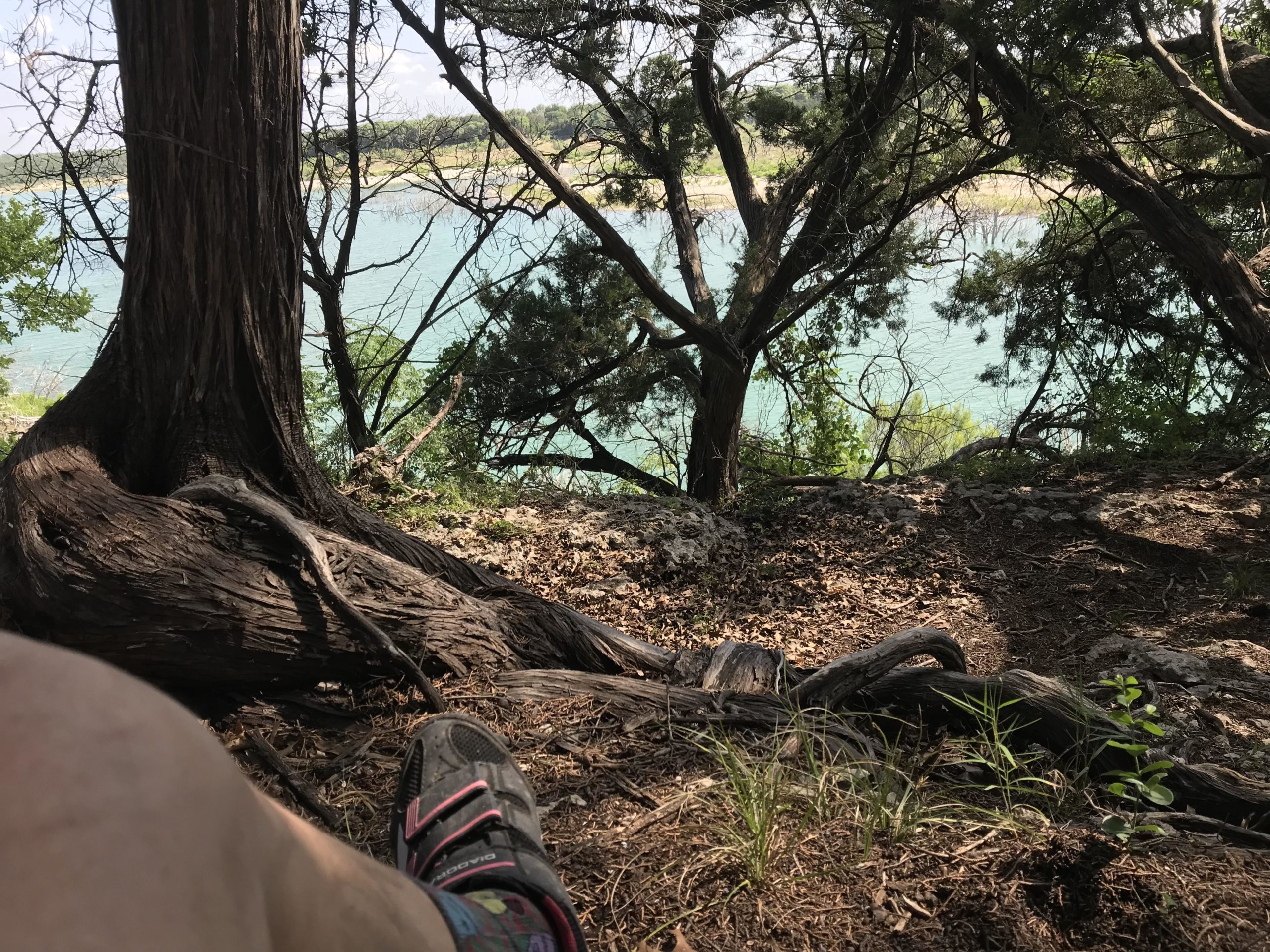 A close-up view of a person’s leg and shoe resting against a tree trunk, with a scenic background of a lake visible through the trees. The environment is lush with greenery and rocks, suggesting a peaceful outdoor setting. Goodwater Trail mountain bike trail.