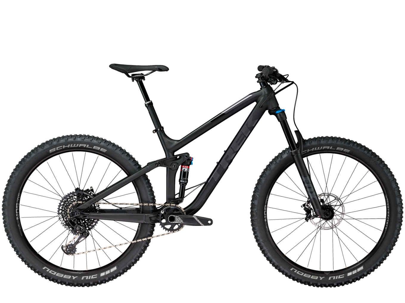 Trek Fuel EX 8: A modern mountain bike with a sleek black frame, featuring a full suspension system, wide tires labeled "Schwalbe Nobby Nic," and a gear mechanism on the rear wheel. The bike is positioned at an angle, showing off its athletic design and sturdy construction, ideal for off-road cycling.