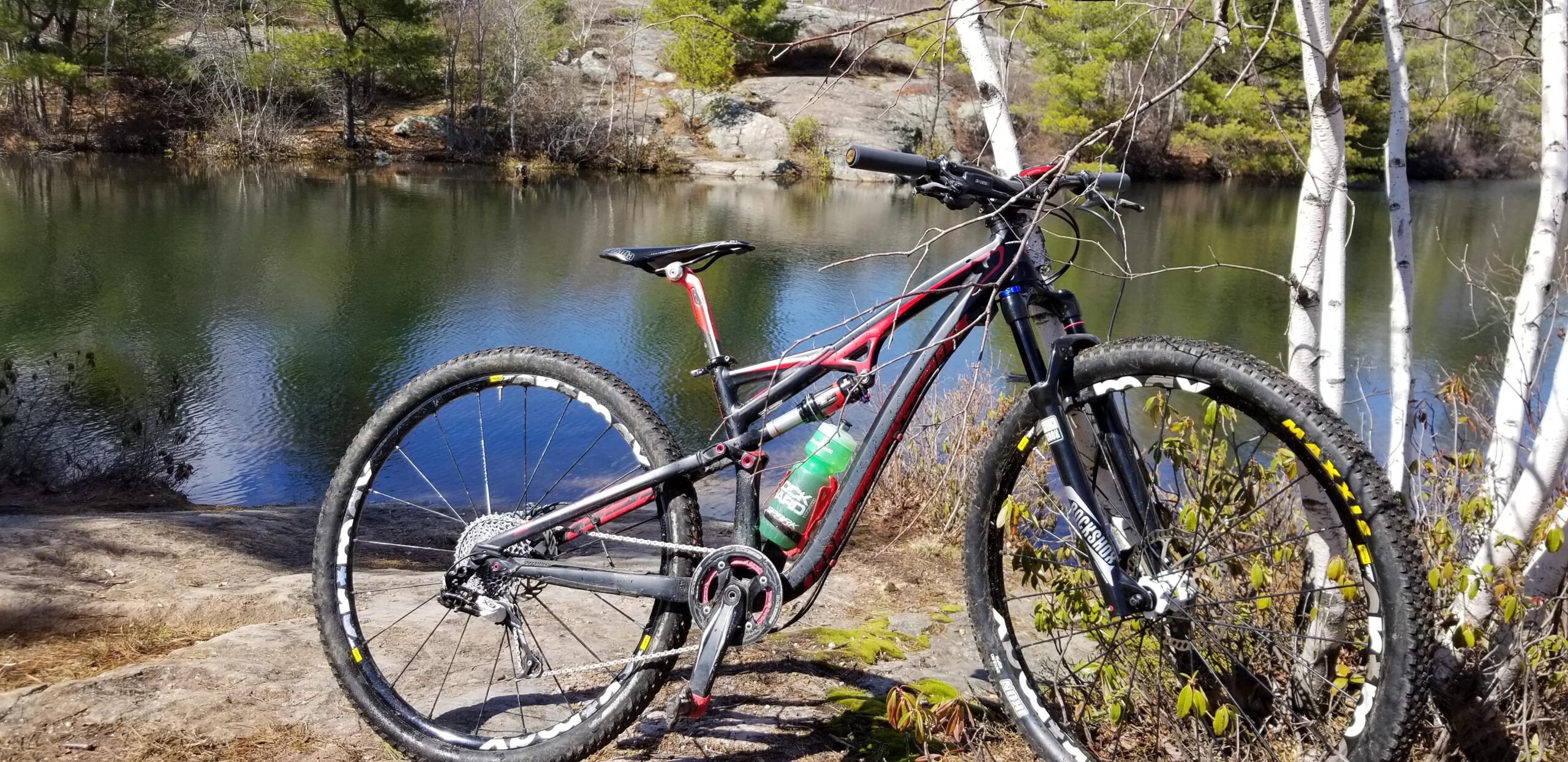 Specialized Camber 29: A mountain bike resting on a rocky shore near a calm, reflective lake, surrounded by trees and greenery.