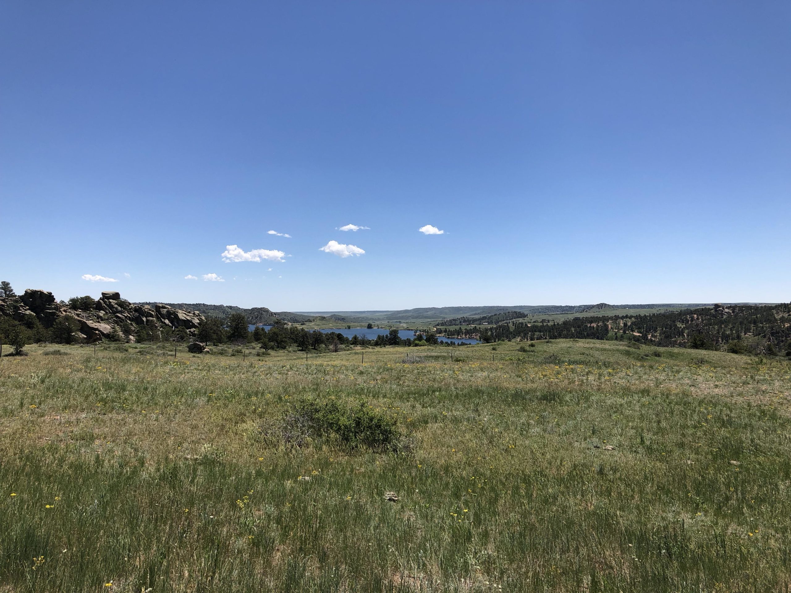 A panoramic view of a lush green landscape under a clear blue sky, featuring a serene lake in the distance, surrounded by rolling hills and rocky outcrops. A few fluffy clouds are scattered in the sky, adding to the tranquil scene. The area is dotted with patches of grass and small wildflowers. Curt Gowdy State Park mountain bike trail.