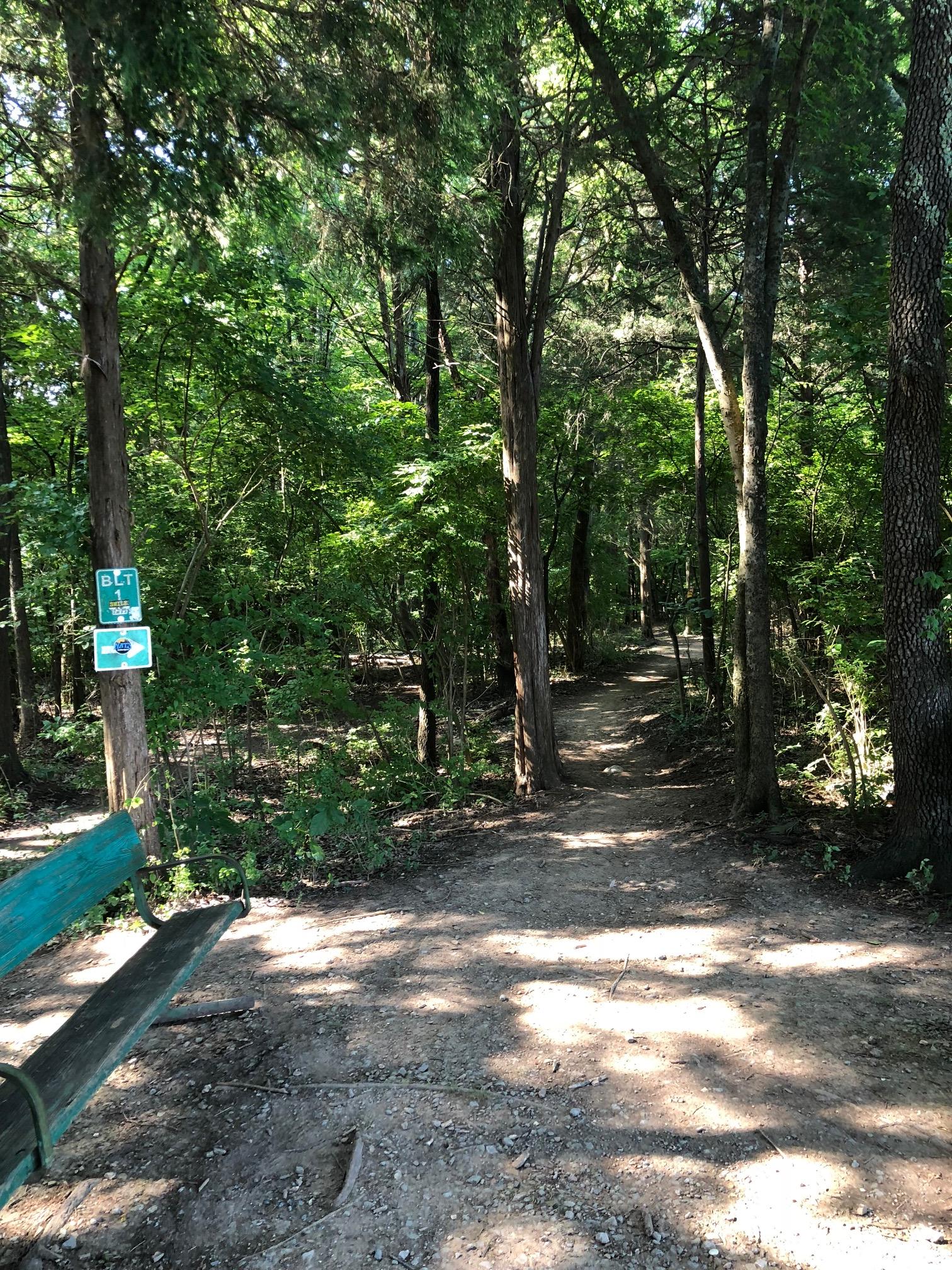 A peaceful wooded pathway in a lush green forest, featuring a weathered wooden bench on the left side. A trail sign is visible along the path, guiding hikers through the scenic natural environment. Sunlight filters through the trees, creating a tranquil atmosphere. Lock 4 mountain bike trail.